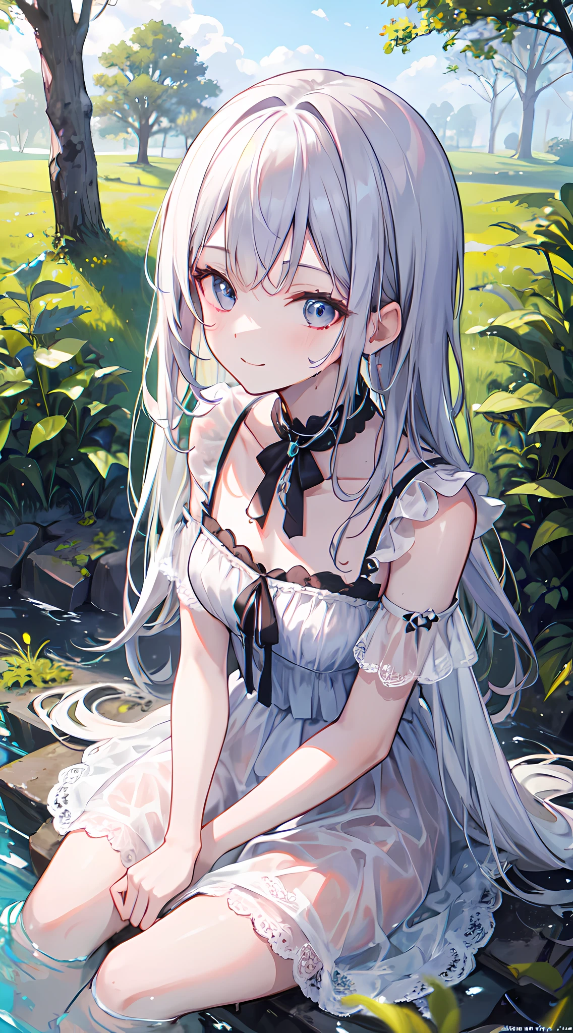 (masterpiece, best quality:1.4), 8k, official art, raw photo, absurdres, from above, girl, evil smile, upper body, sitting, white summer dress, wet, see-through, stone bridge, ruins, sky, woods, stream, detailed shadow, light leaks, perspective, depth of field, sharp focus, highres, ultra detailed, finely detail, extremely detailed, (detailed eyes and face, sharp pupils, realistic pupils:0.6)