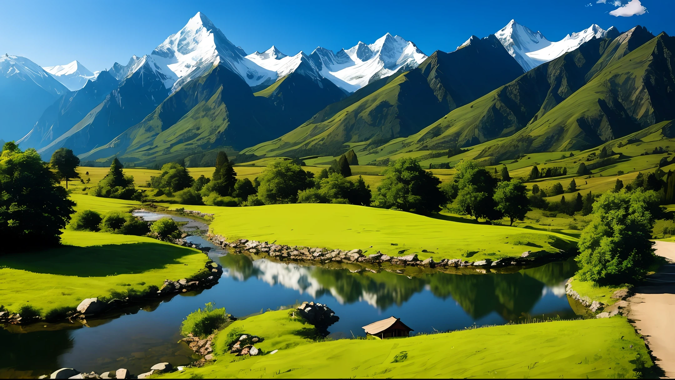 Antique architecture, mountain peaks, streams, vertical screens, battle background, meadows, cute cartoon boar, cartoons