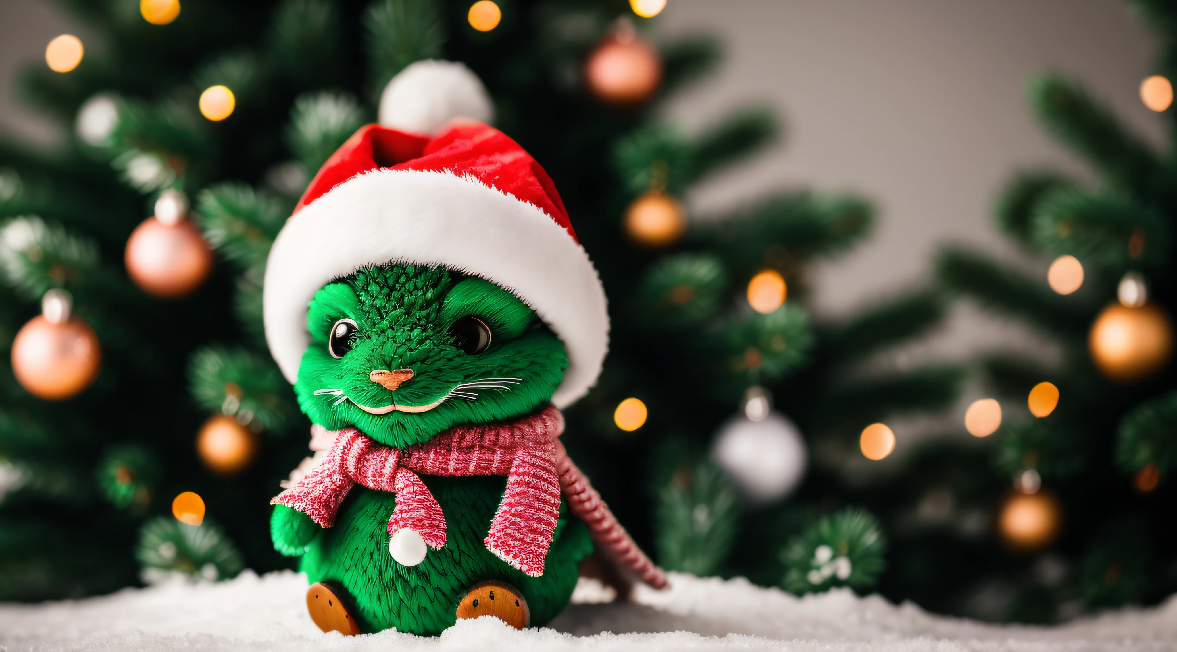 Dragon, Green Dragon, Wood Dragon, Blur, Christmas Tree, Snow, Winter, New Year's Hat, (New Year), Nature, no_humans, Depth of Field, to8contrast style, DARK_Glam dressed in Christmas Hat, deep shadows, (dark: 1.4), (8k, RAW photo, best quality, masterpiece: 1.2)