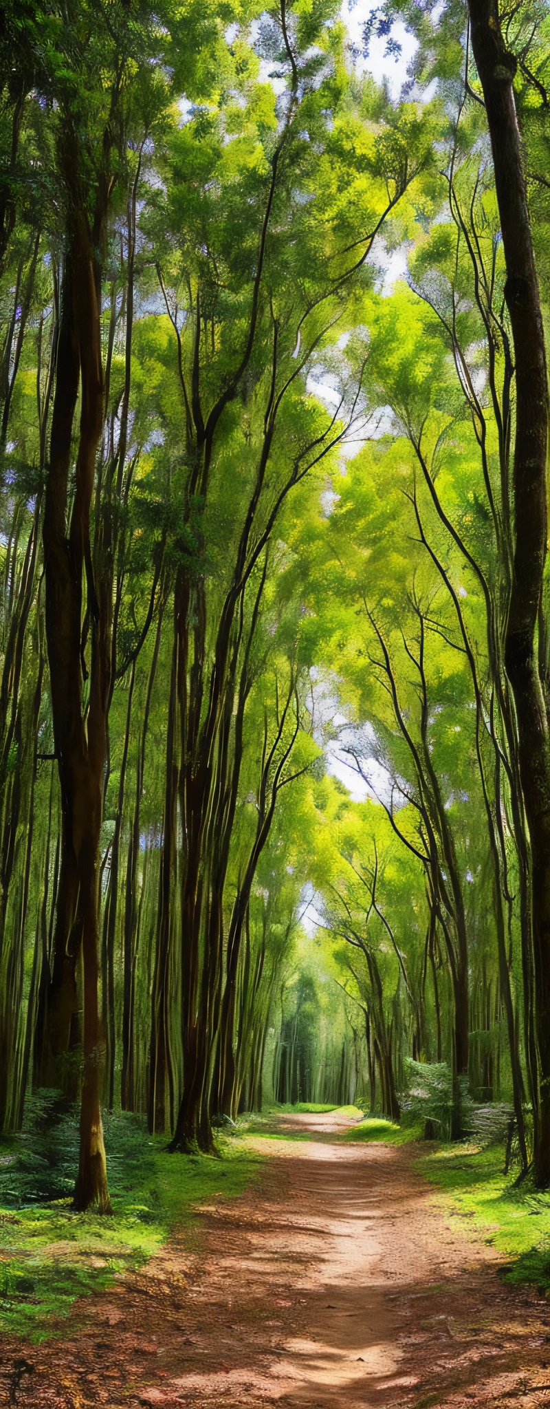Dense forest, there is a beautiful path, the fallen leaves accumulate very thickly on the ground, the scale of the trees on both sides is as symmetrical as possible, the dense leaves above form an arch, the distance is deep and dark and hazy, leading to the magical depths of the forest, amazing depth, surreal forest, very beautiful, the width of the trail from near to far ratio is 10:1