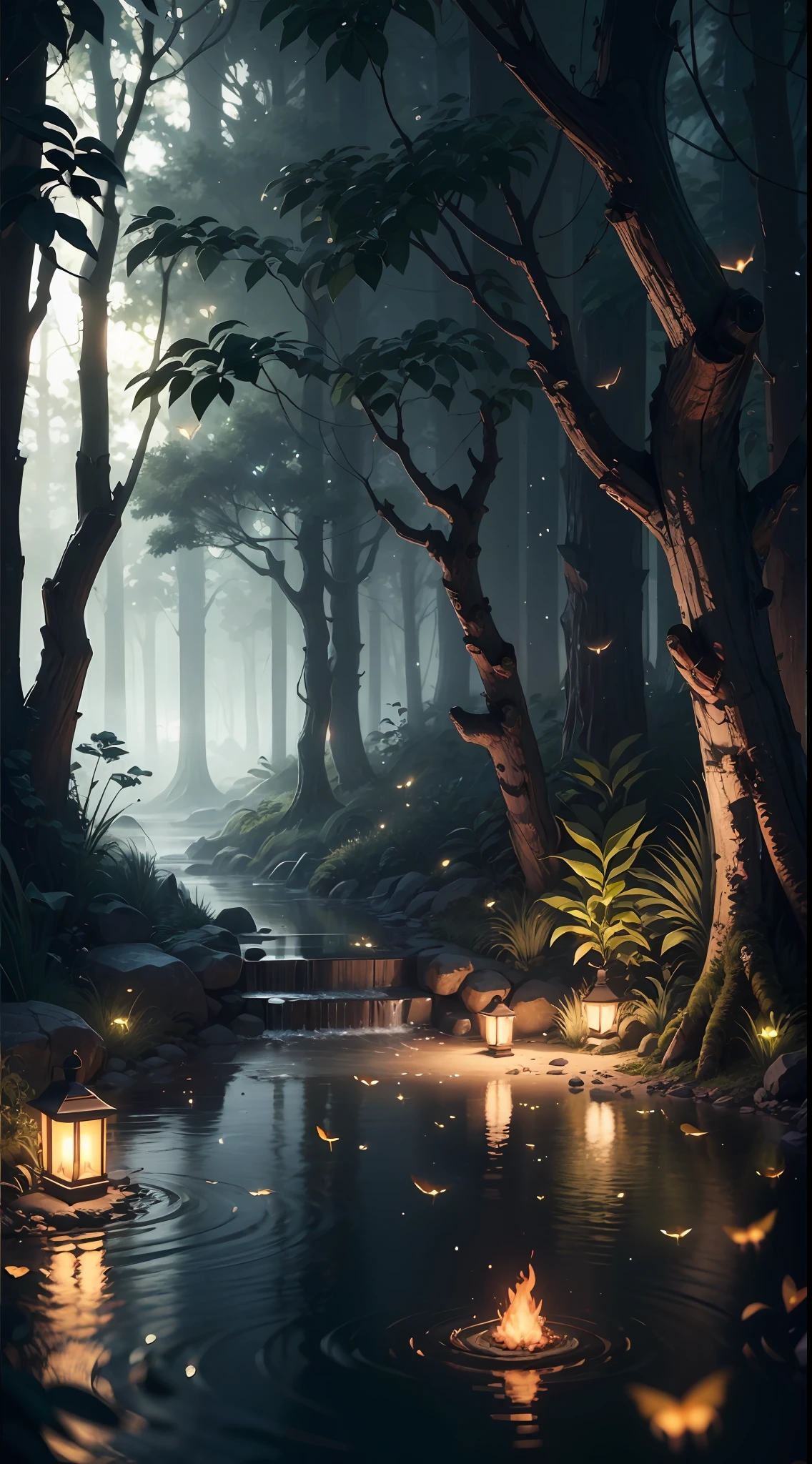 Masterpiece, best quality, (very detailed CG unity 8k wallpaper), (best quality), (best illustration), (best shadows), glow sprite, with a glowing deer, in the swimming pool Drinking water, natural elements in the forest theme. Mysterious forest, beautiful forest, nature, surrounded by flowers, delicate leaves and branches surrounded by fireflies (natural elements), (jungle theme), (leaves), (twigs), (fireflies), (particle effects) etc. 3D , Octane rendering, ray tracing, super detailed --auto