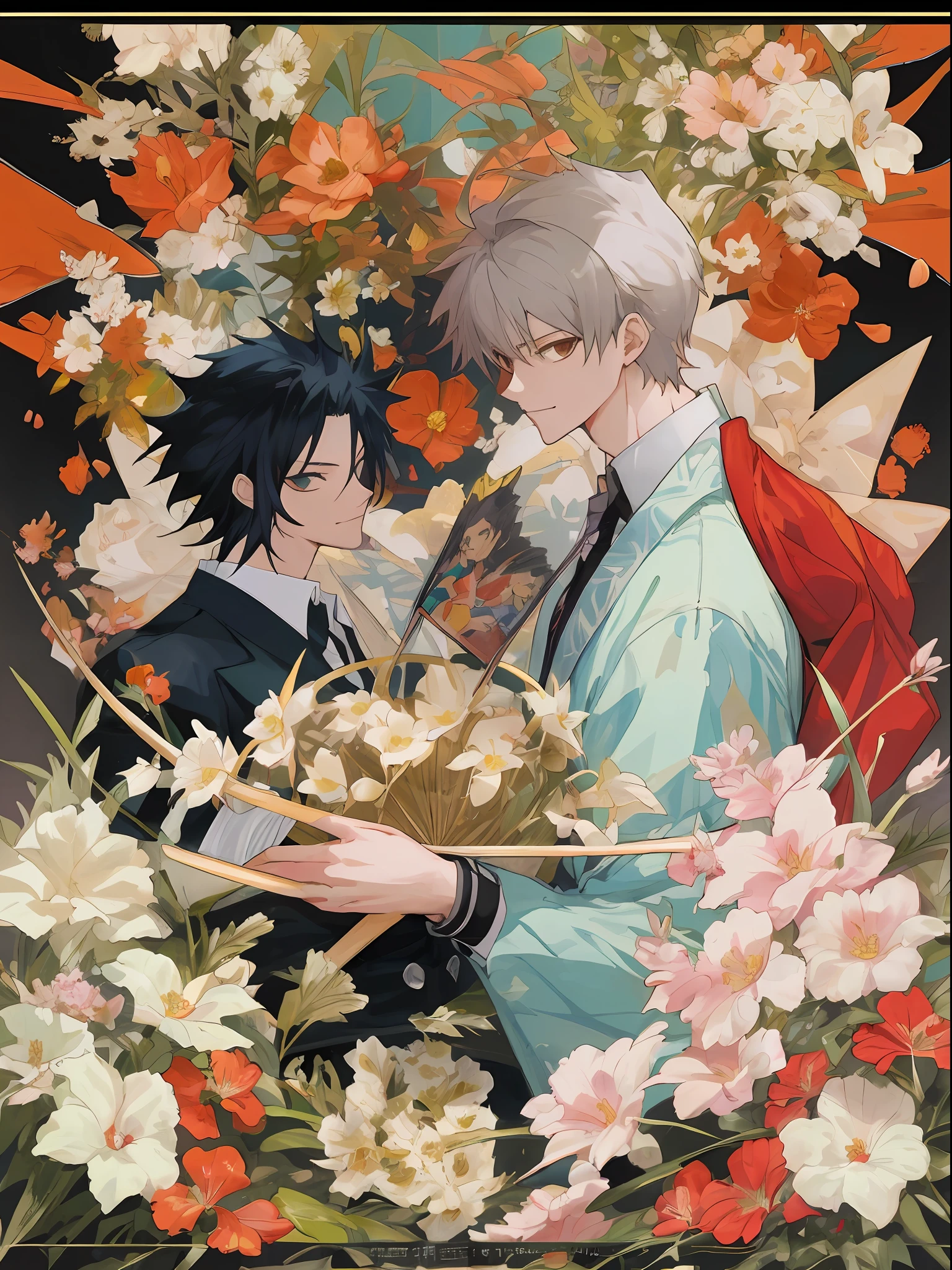 ((top quality, masterpiece)), two handsome men, comic art, man anime characters, catekyo hitman Reborn, geek gangasta, Sirius A and Sirius B, high quality fan art, from Cryptid Academia, epic anime style, anime posters, detailed fan art, illustrations, Akihiko Inoue and Los Tran, flowers, smiles