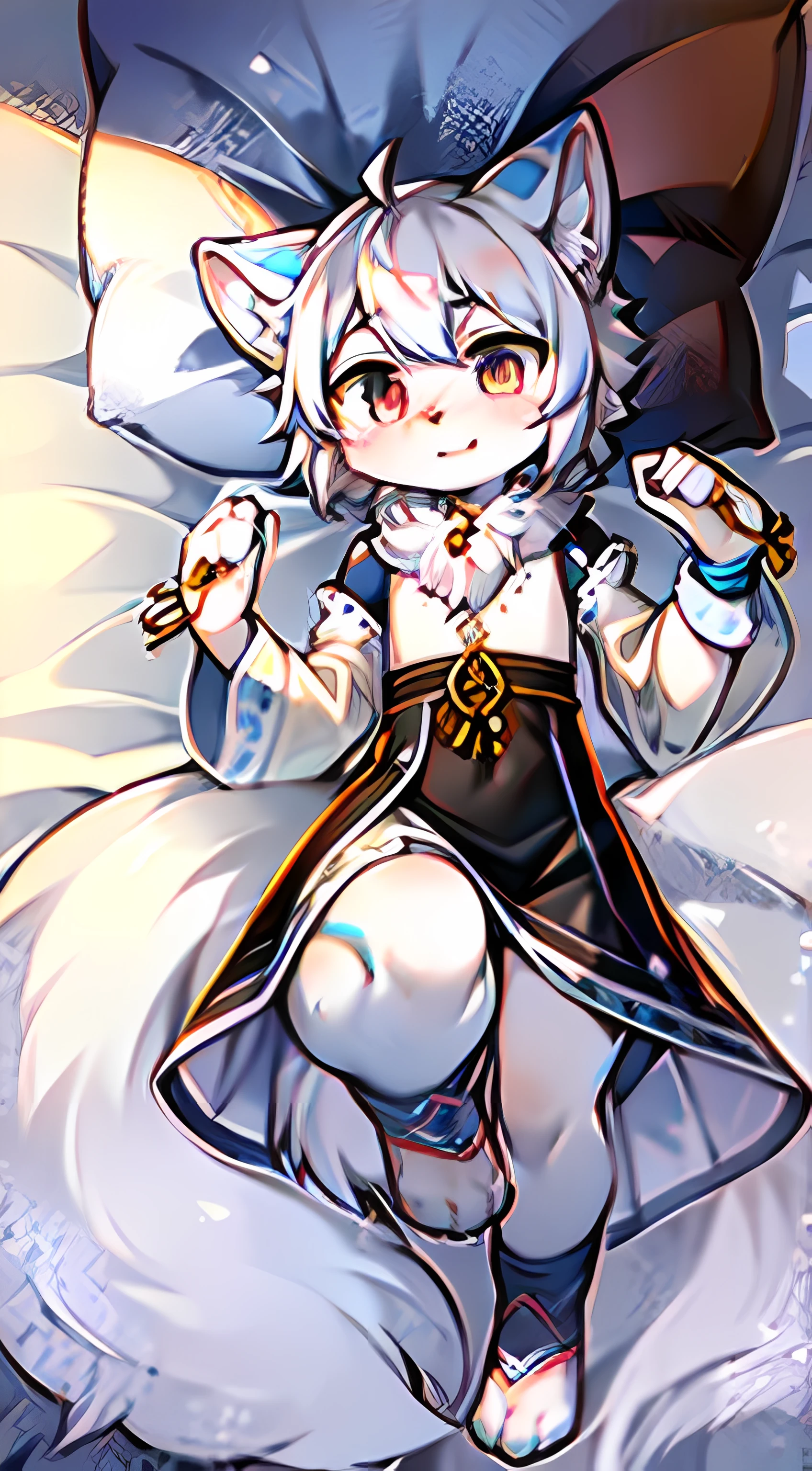 furry , white wolf boy, small man, silver white fur, silver white hair, ear fuzz, hair all over, (long white wolf tail), small feet (wearing socks), small bells on the neck, bracelets, white hair, silver eyes, , national style clothes (light and clear), aoeu, aoeu, long cheongsam (outer garment), hanfu (outer garment), white lining, cute, bed, super clear