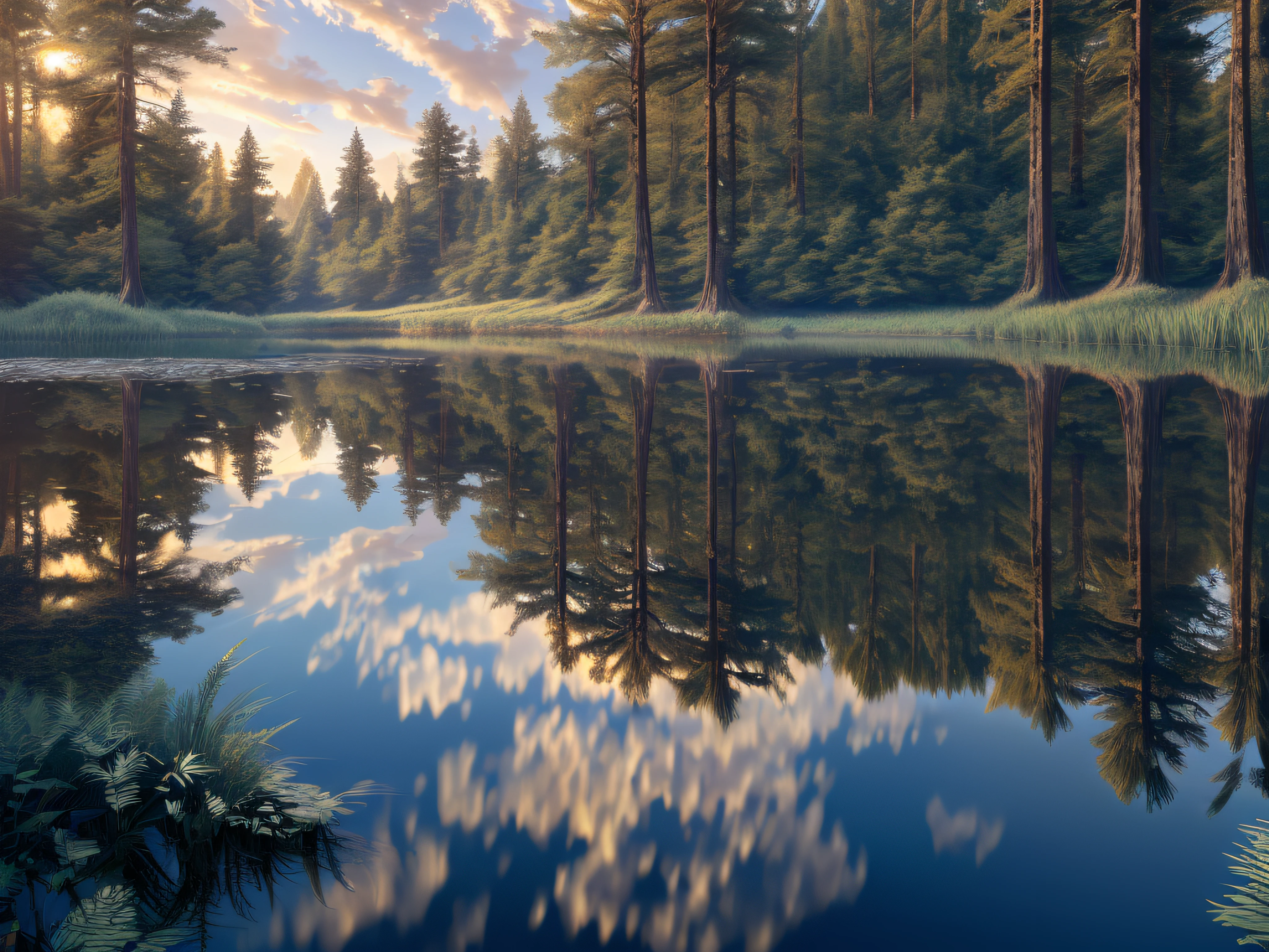 wallpaper, summer, lake, dawn, forest, detailed forest, clouds, masterpiece, cinematic, soft light, depth of field, ray tracing, reflection in water, realism, ulra detailed,