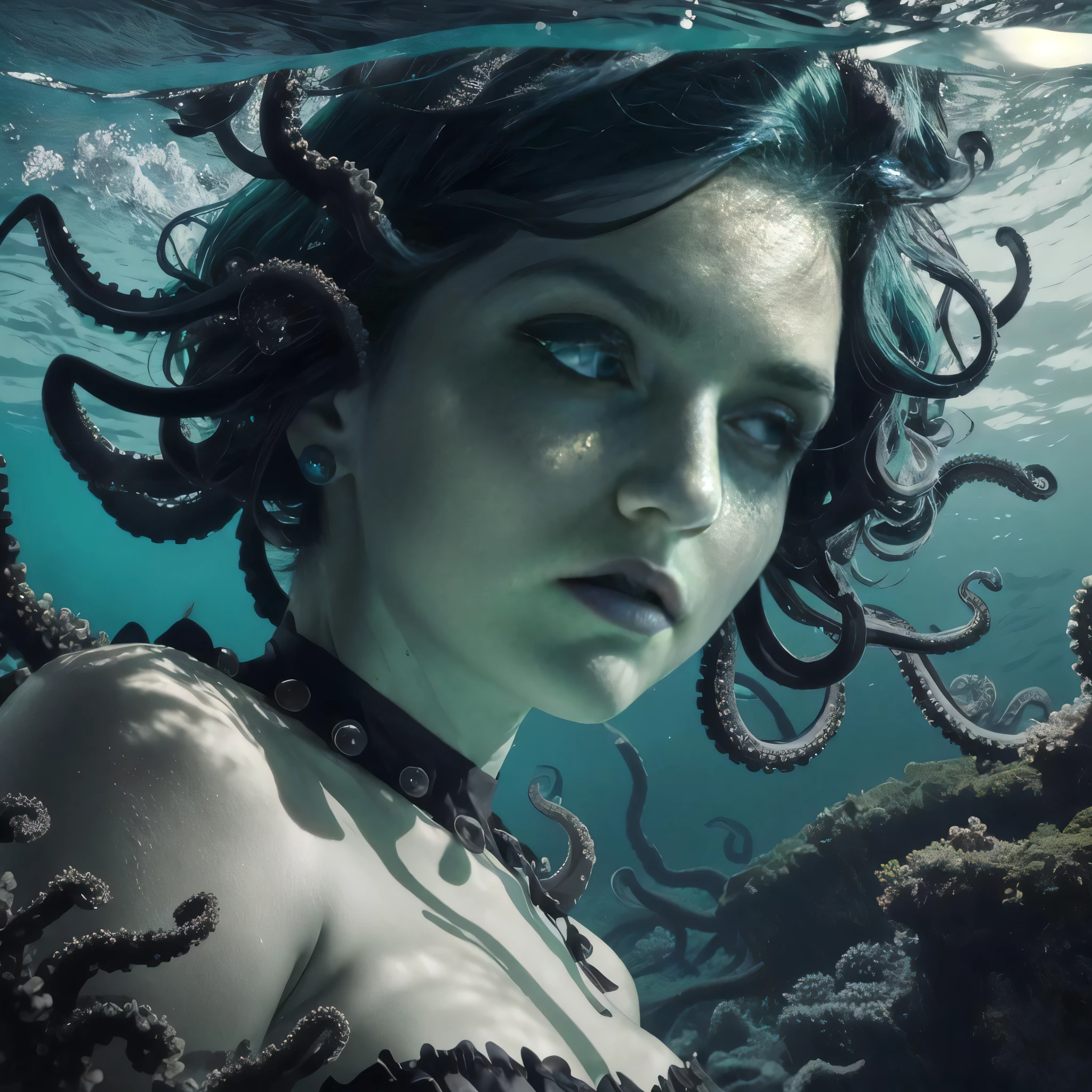 a photo of a sea witch, green short hair, evil, villain, she's coming for you, up close, dark ocean,( under water:1.1), lightning, glowing eyes, wearing a dress made out Seaweed, tentacles, octopus, (up close:1.3)