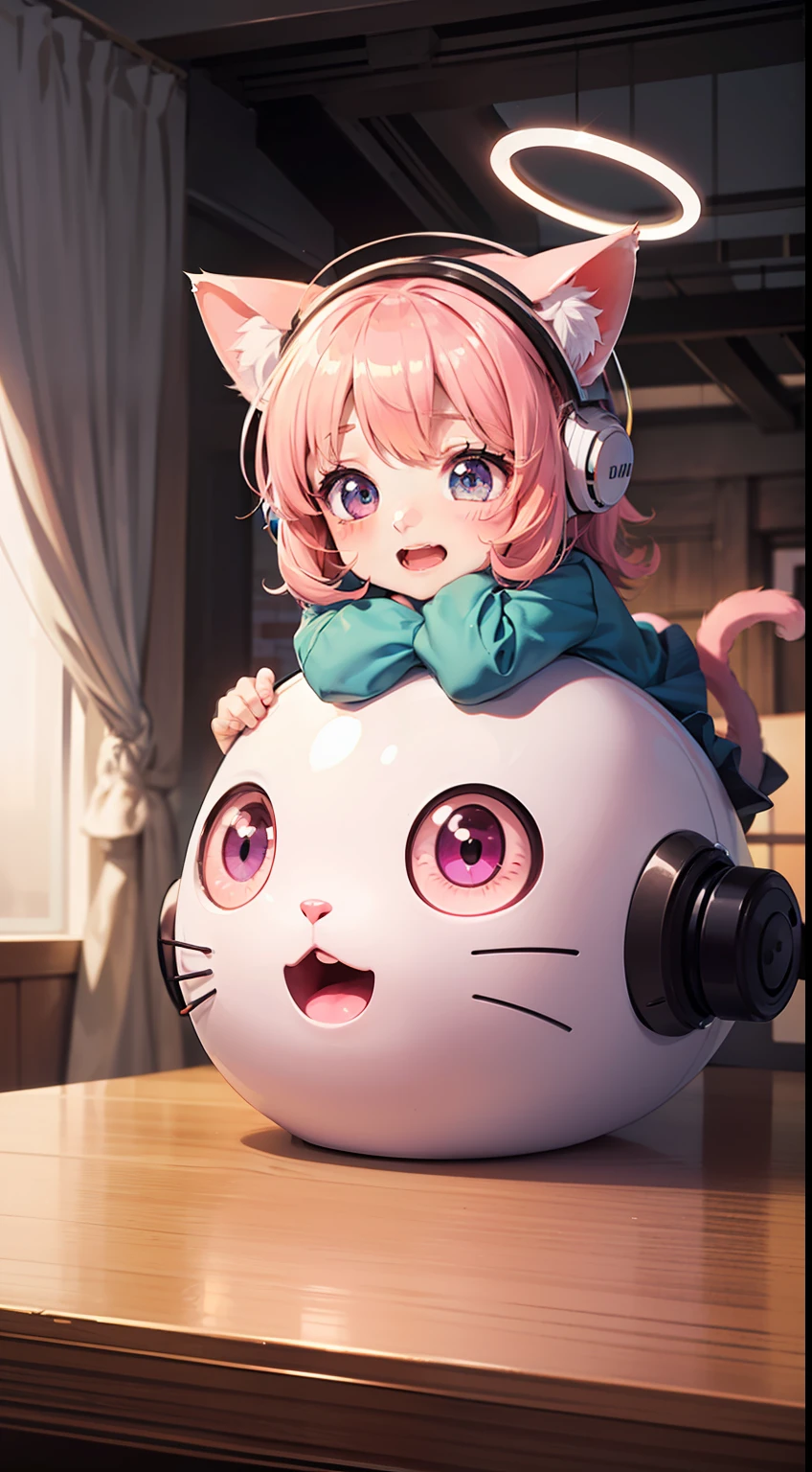 best quality,highly detailed, chibi,(cat face:1.1)+( Slimes shape:0.8)+(Cat ear:1.0)+(white luminescence:1.0),(indoor:1.2),(gem:1.0),
(gem:1.0),
/=, /=, /=,
(petite:1.4), [(loli:1.33):5], ((heart tentacles:0.6|pink space helmet:0.4, cat):1.1), ((shiny skin)), (beautiful detailed halo:1.2):3], ((floating hair)), ((detailed cute anime face)), blush, (((open mouth))), light smile,
/=, /=, /=,
best quality,highly detailed, chibi,(cat face:1.1)+( Slimes shape:0.8)+(Cat ear:1.1)+(white luminescence:1.0),(beautiful detailed indoor:1.2),(cyberpunk:1.0),