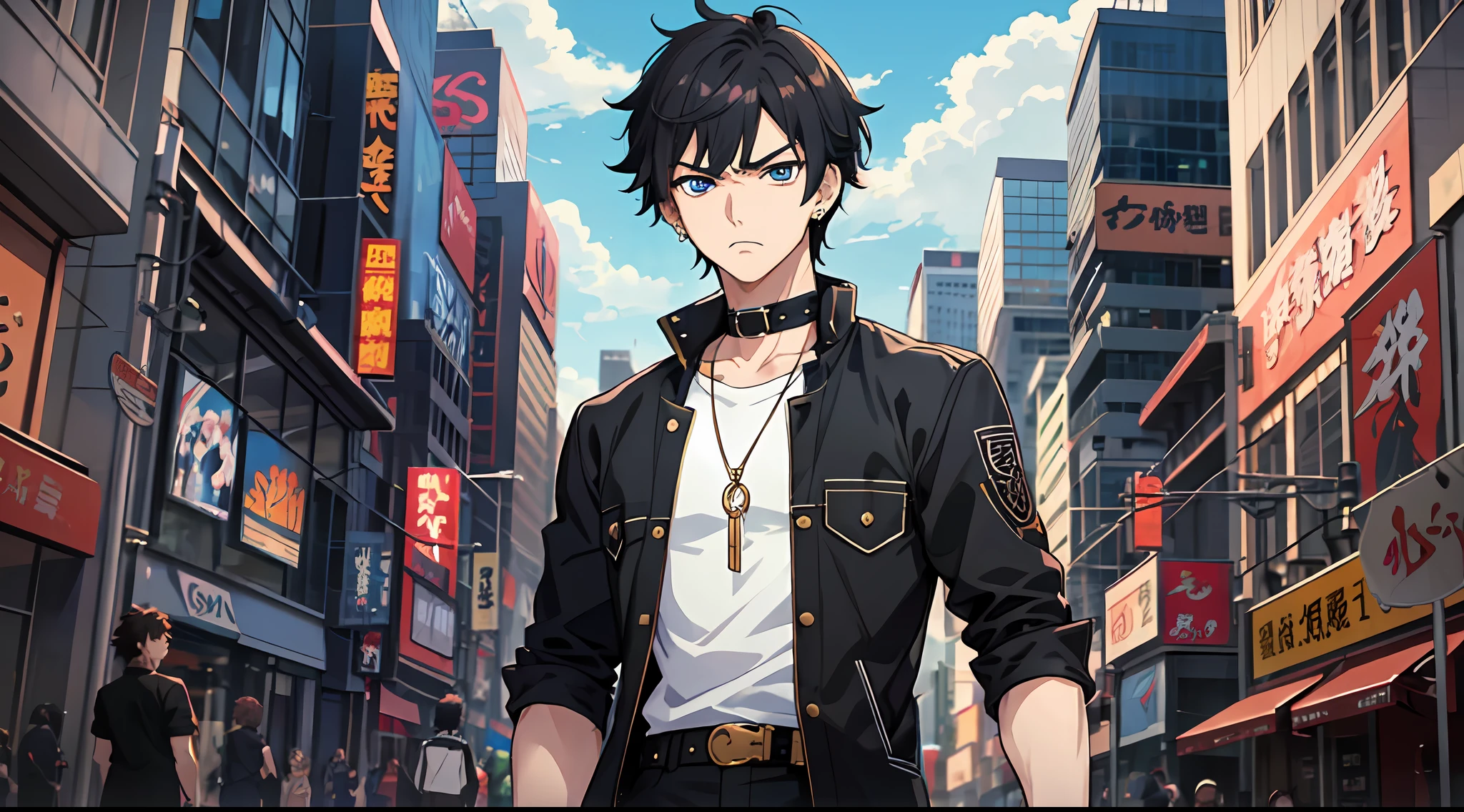Anime characters standing in white t-shirts standing on city streets, tall anime people with blue eyes, young anime people, anime handsome men, anime portraits of handsome men, anime moe art style, male anime style, inspired by Masanobu Okumura, male anime characters, anime boys, high quality anime art style, handsome anime poses, smooth anime CG art, short black hair, black stud earrings, angry face, disappointed expression