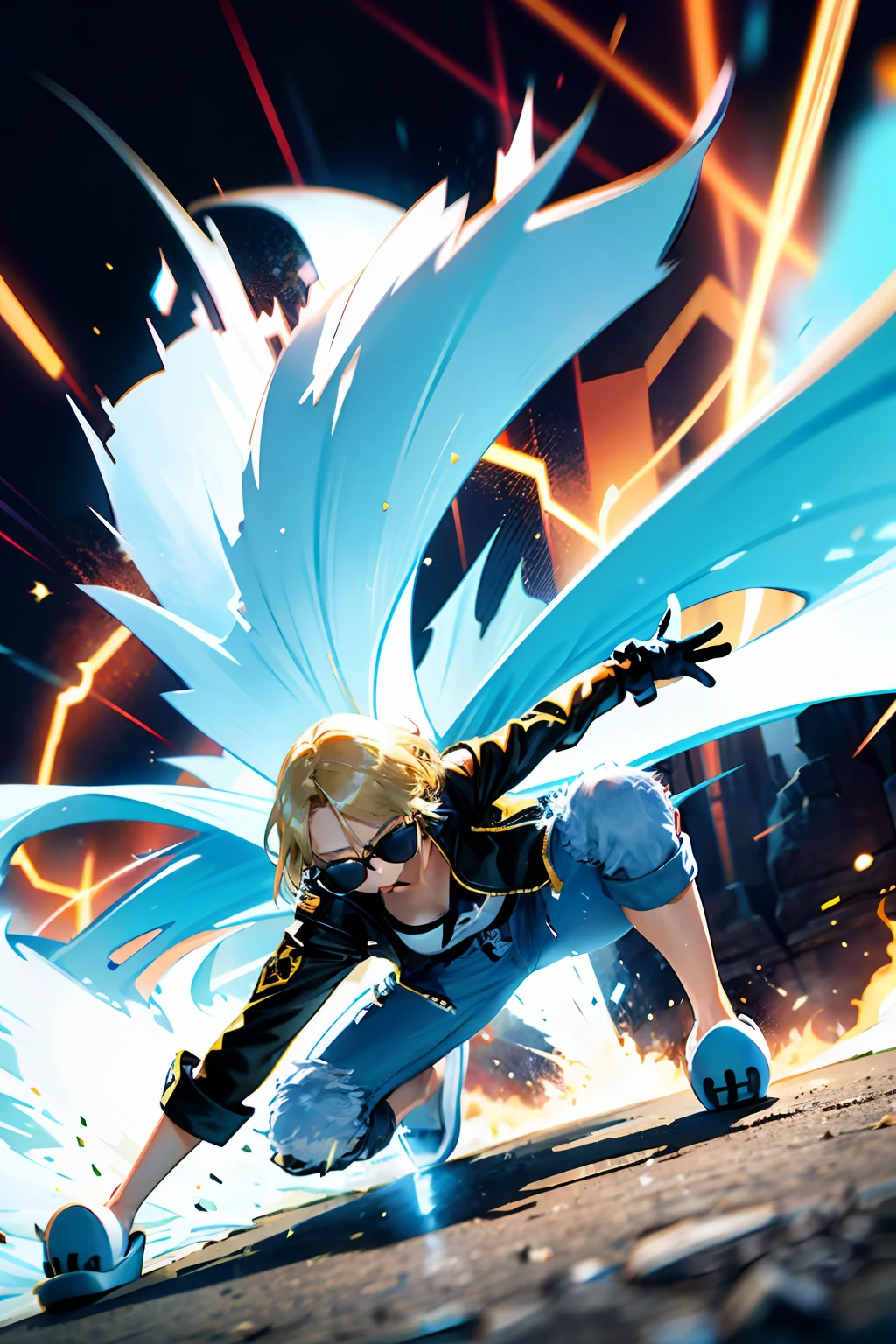 (((bare, greasy, slippers,,, wearing black and gold sunglasses, red shorts, denim jacket, white top, jeans, gloves, blonde, short hair, wave head, side split hair, blue eyes))), (((blonde)), dynamic pose, comic book style, depicting a group of characters in various action scenes, from intense combat to relaxing moments, with dramatic speed lines and bold sound effects, capturing the excitement and energy of the story, lasers emitted from the palm, attacking forward with the palm, Yellowstone, Grand Canyon,