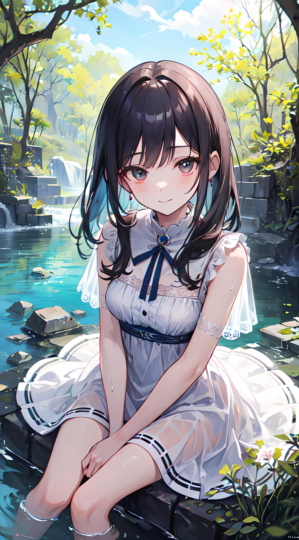 (masterpiece, best quality:1.4), 8k, official art, raw photo, absurdres, from above, girl, evil smile, upper body, sitting, white summer dress, wet, see-through, stone bridge, ruins, sky, woods, stream, detailed shadow, light leaks, perspective, depth of field, sharp focus, highres, ultra detailed, finely detail, extremely detailed, (detailed eyes and face, sharp pupils, realistic pupils:0.6)