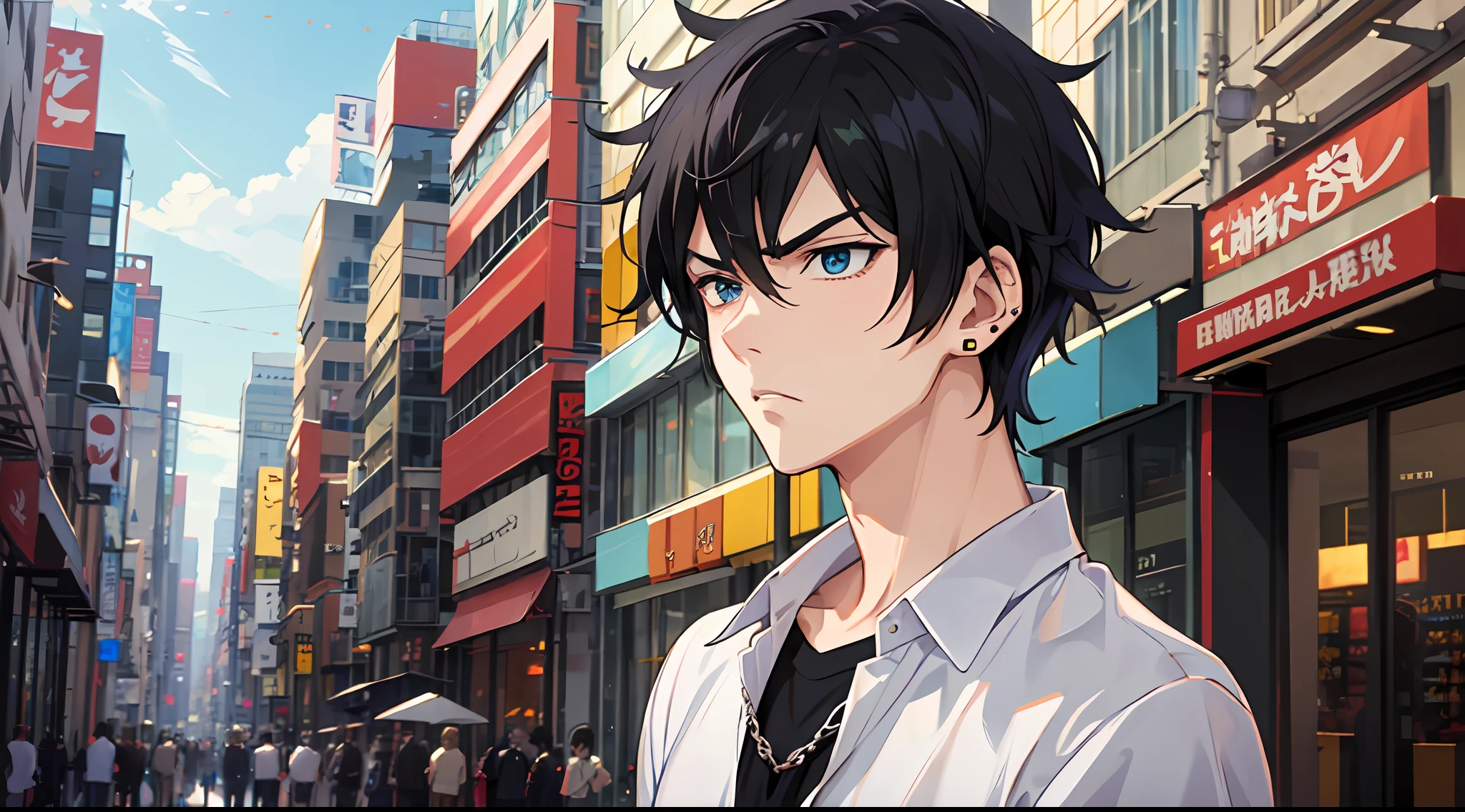 Anime characters standing in white t-shirts standing on city streets, tall anime people with blue eyes, young anime people, anime handsome men, anime portraits of handsome men, anime moe art style, male anime style, inspired by Masanobu Okumura, male anime characters, anime boys, high quality anime art style, handsome anime poses, smooth anime CG art, short black hair, black stud earrings, angry face, disappointed expression