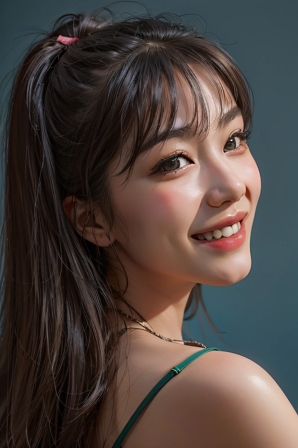 there is a woman with a ponytail and a green dress smiling, friendly seductive smile, young cute wan asian face, beautiful and smiling, cute seductive smile, smiling fashion model face, profile photography, close - up studio photo, charming smile, with a beautifull smile, with a seductive smile, young asian girl, headshot portrait, lovely smile, slight smile and open eyes