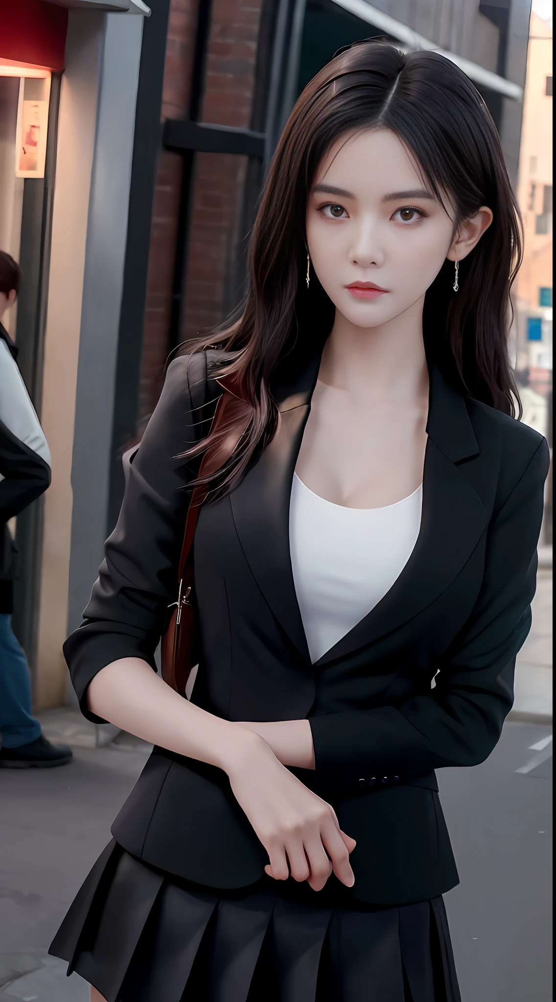 best quality, masterpiece, 1 girl, beautiful face resembling Liu Yifei, (photo photo:1.3), edge lighting, (high detail skin:1.2), 8k ultra hd, DSLR, high quality, high resolution, 4k, 8k, bokeh, street, best ratio four fingers and one thumb, (realistic:1.3), cute 1girl, wearing black formal blazer, medium breasts, short skirt,