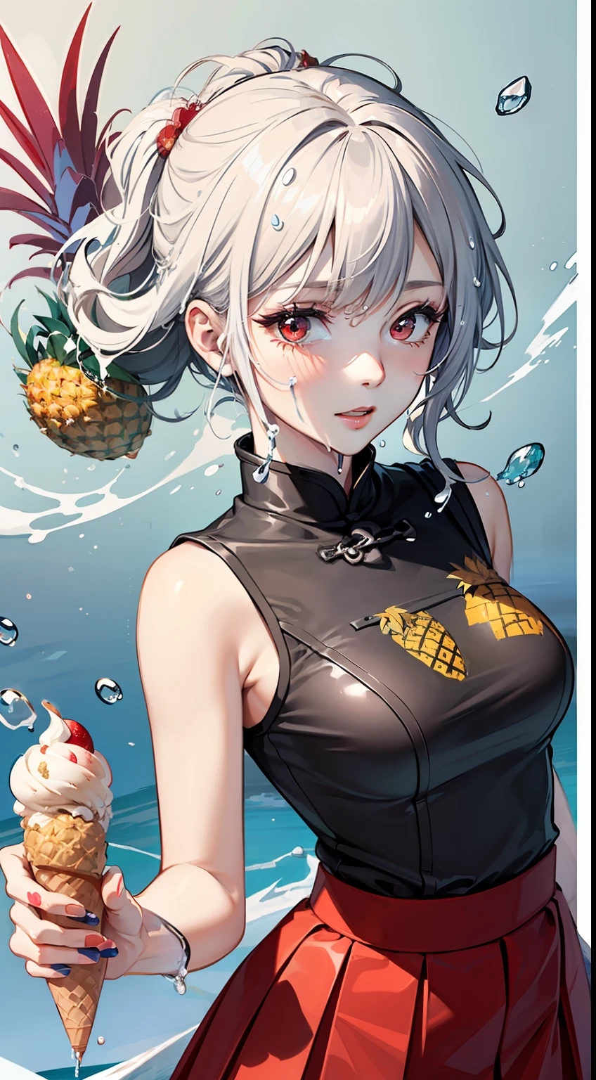 (illustration),extremely detailed,CG,unity,(sketch),(wash painting),((color splashing)),((ink splashing)),((((dyeing)))),((Chinese painting)),((colorful)),
1girl,medium shot,holding ice cream,white hair,(red eyes),((red uniform)),((red skirt)),(white pantyhose),
(ice cream:1.6),(pineapples:1.3),(watermelons:1.3),(dragon fruit:1.2),(apple:1.2),(banana:1.2),(tropical fruit:1.3),(ice:1.2),
(water splash:1.6)