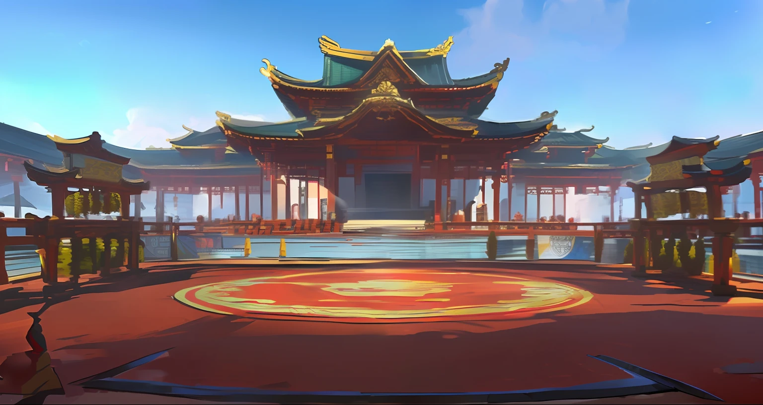 Close-up of building with red carpet, arena background, ring, Chinese style, jousting scene