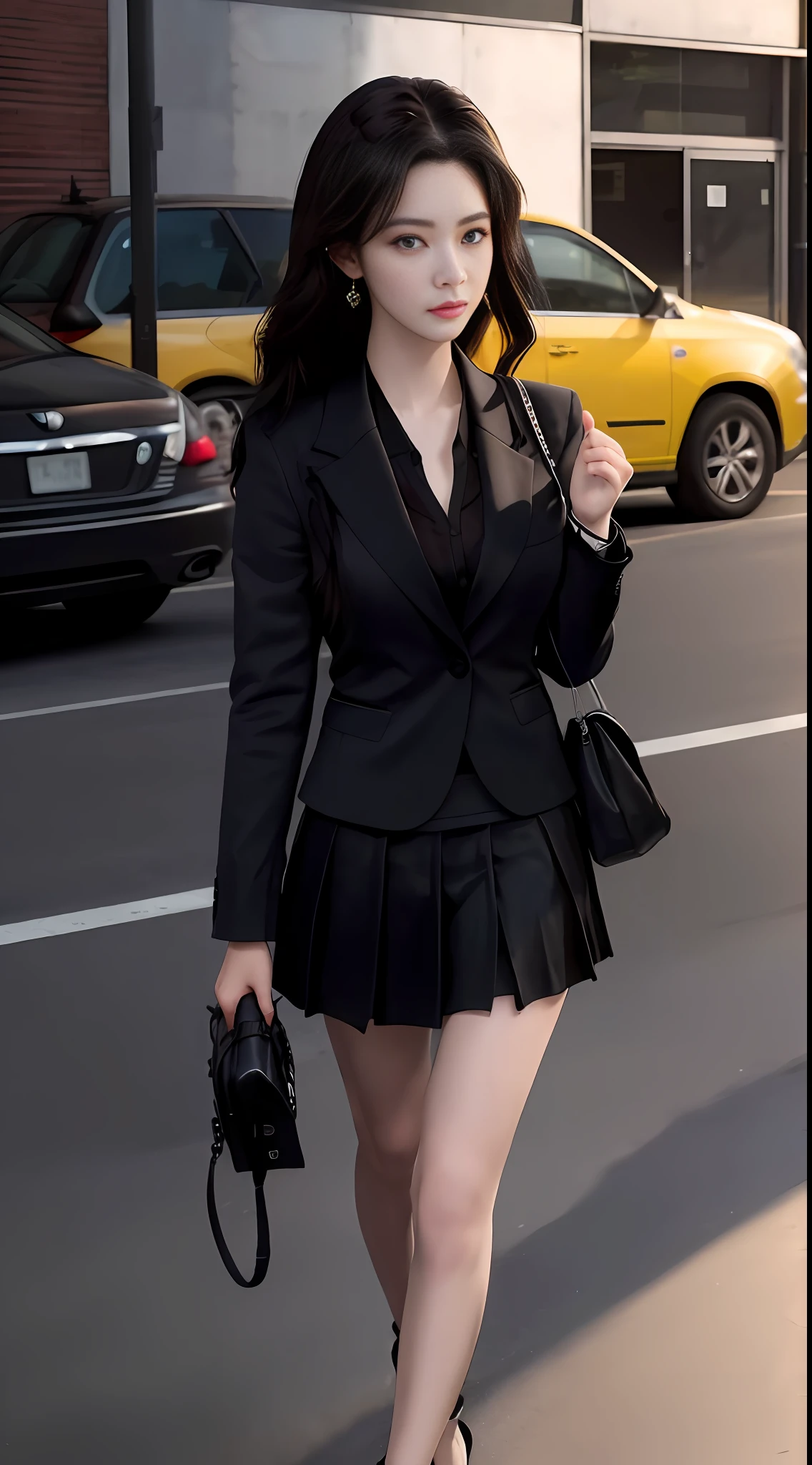best quality, masterpiece, 1 girl, beautiful face resembling Liu Yifei, (photo photo:1.3), edge lighting, (high detail skin:1.2), 8k ultra hd, DSLR, high quality, high resolution, 4k, 8k, bokeh, street, best ratio four fingers and one thumb, (realistic:1.3), cute 1girl, wearing black formal blazer, medium breasts, short skirt,
