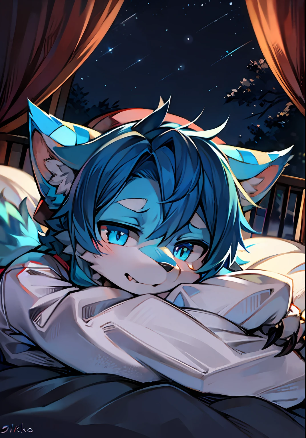 Wolf boy covered in white and blue hair, eyes with different pupils, claws, wolf ears, a blue stripe on the forehead, lying on the bed, wearing a hat, night