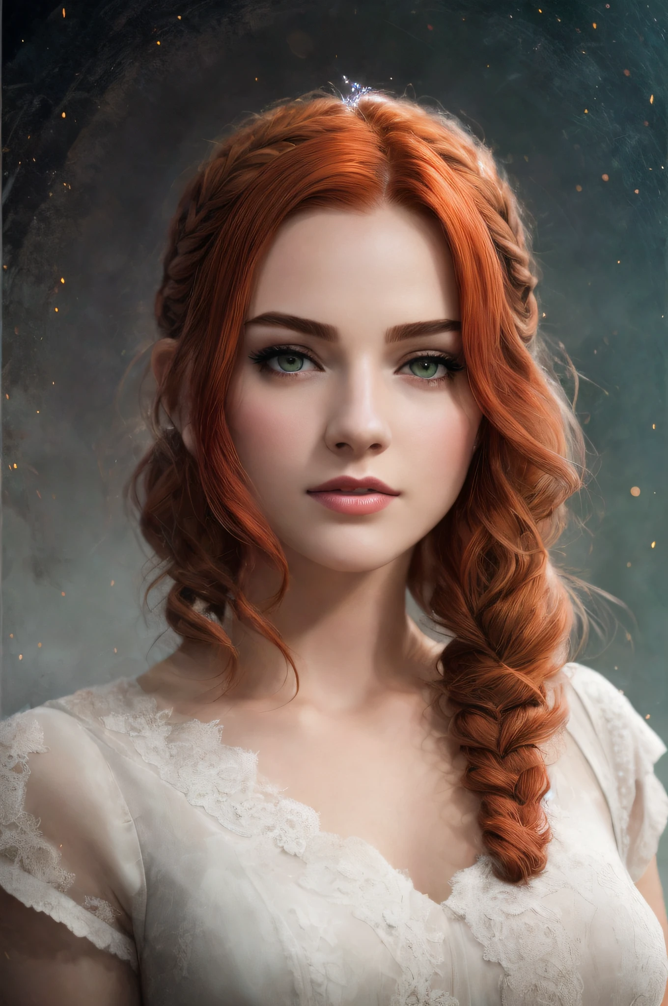 masterpiece, best quality, highest quality, cinematic lighting, (volumetric lighting), extremely detailed CG unity 8k wallpaper, focused, 8k wallpaper, 4k wallpaper, extremely detailed, ultra realistic, photorealistic, sharp focus, absurdres, (HDR:1.2), (high contrast), photograph, detailed and intricate, instagram, portrait, highly detailed, digital painting, artstation, concept art, smooth, sharp focus, illustration, cinematic lighting, Style-Princess, short hair, braided hair, pony tail hair, redhair, ginger, red, body tilt, head tilt, side profile, 3/4 face