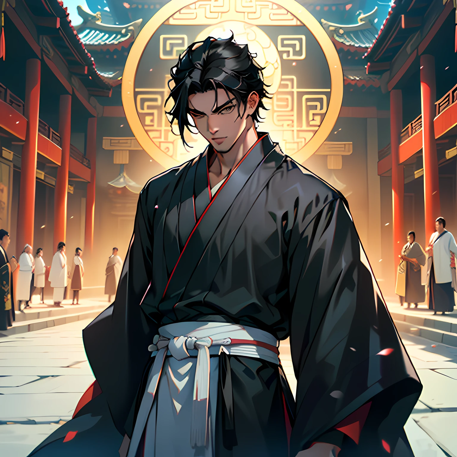 23. (1 person) (the old man in blue clothes glared at (((1boy))),(((aboy))).(((Black coat))),((Black Hanfu youth)),((white clothes)) , (((Black hair))), kingly air, gorgeous, handsome, outstanding temperamen,) (background: in the sacred, resplendent palace hall of ancient China).