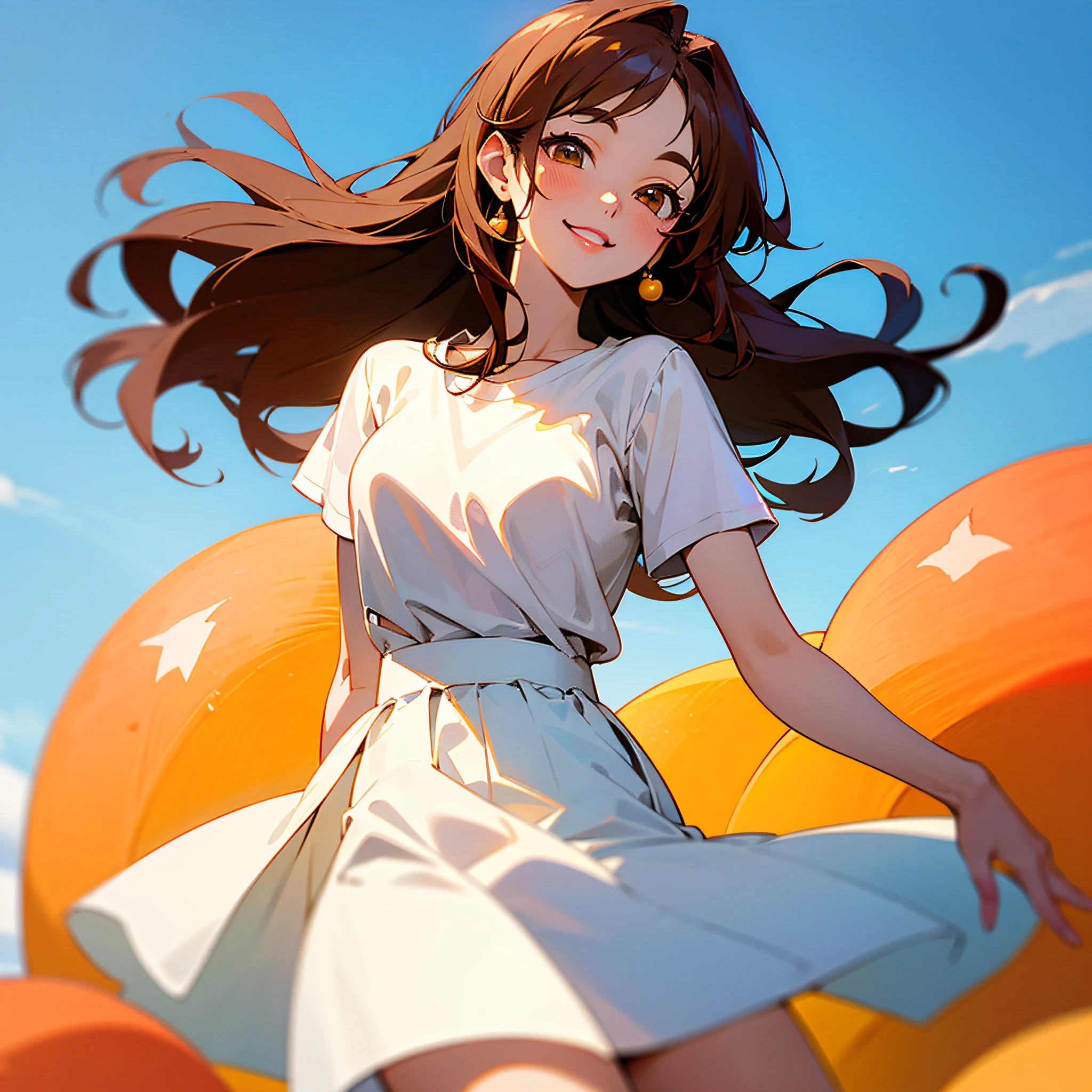 (1 manga avatar) photo Shoulder-length hair, brown hair, summer dress, white T-shirt, denim skirt, apricot eyes, cherry lips, happy smile, 8K high resolution. --auto