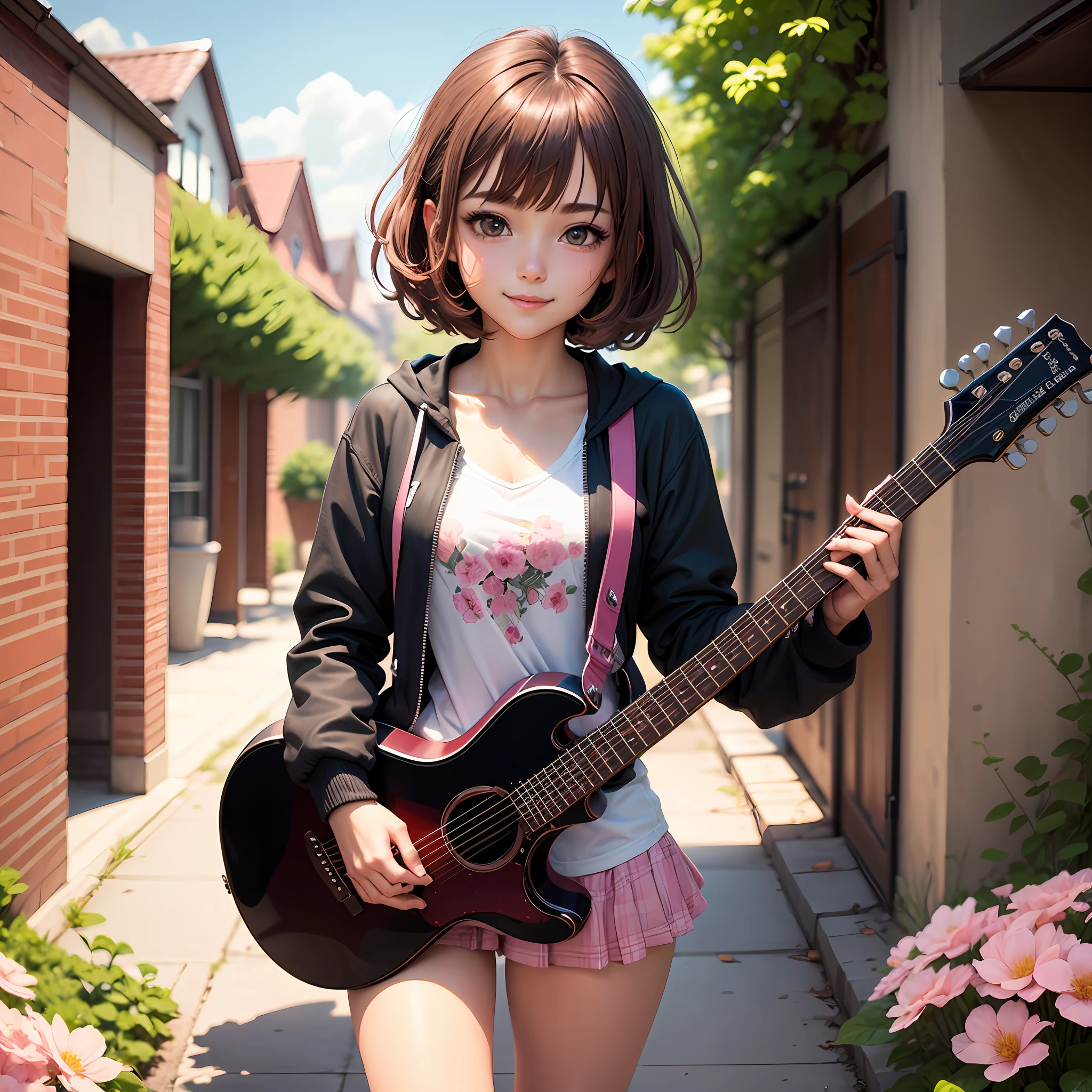 (Masterpiece), (Best Quality), (Super Detail), (Full Body: 1.2), 1 Girl, Machi, Chibi, Cute, Smile, Closed Mouth, Outdoor, Play Guitar, Music, Have a Guitar, Jacket, Blush, Tree, : 2, Shirt, Short Hair, Half Up, Five Fingers, Cherry, Blurry, Brown Hair, Pink Cheeks, Long Sleeves, Bangs, Pink Flowers, (Beautiful Detailed Face), (Beautiful Detailed Eyes), Looking at Camera, Anime Illustration --auto