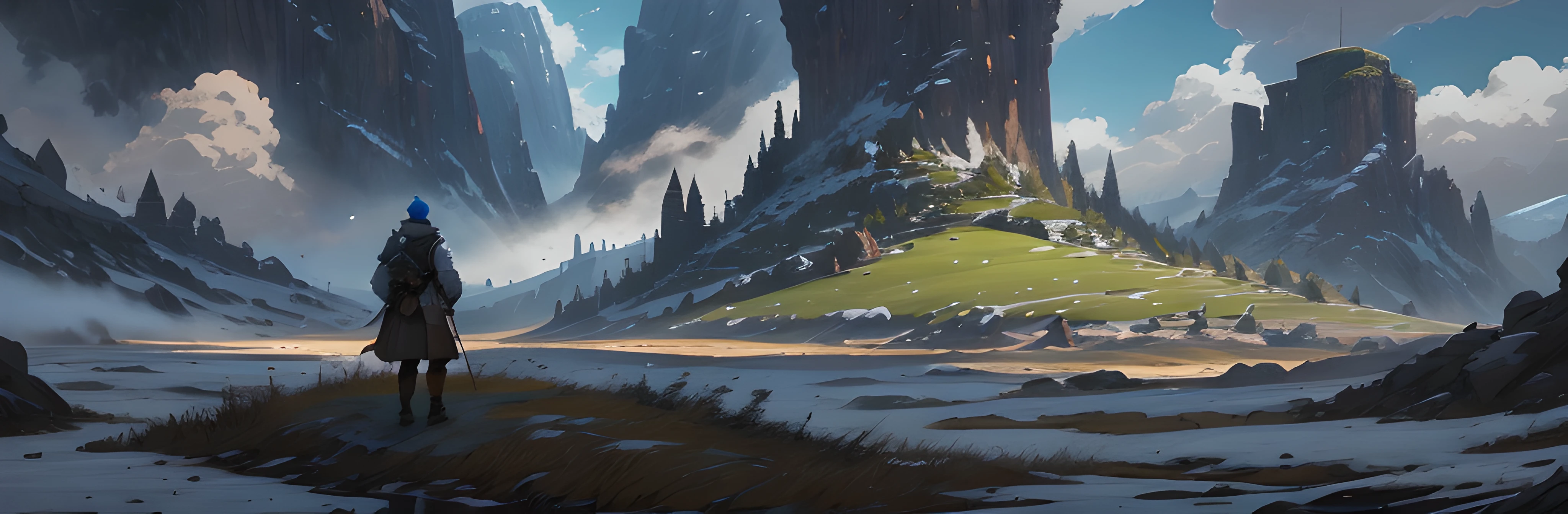 Anime scene of a man standing in a field with castle as background, hyper-detailed, highly realistic, Silvain Sarrailh, high fantasy landscape, ruined landscape, 4k highly detailed digital art, anime landscape, impressive fantasy landscape, fantasy art landscape, Andreas Rocha style, concept art. Epic landscapes, most epic landscapes, epic landscapes, fantasy landscape painting, anime landscape concept art