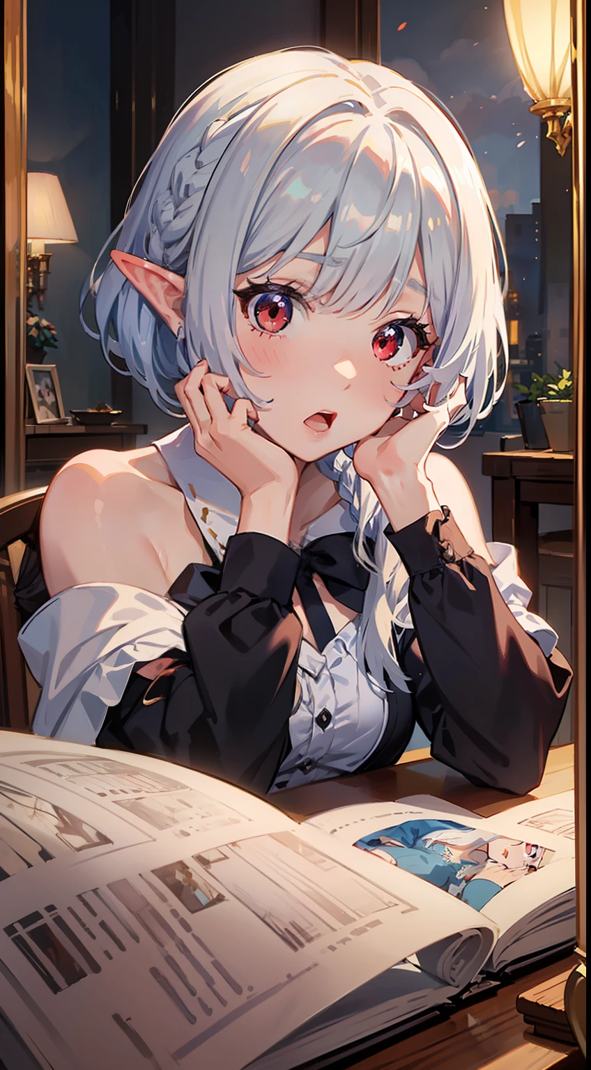 ((Put your hands on your face)), ((surprised)), (Red face), 1 girl, Elf, Silver hair, Red eyes, Braid hair, Bob cut, Magician, Robe, Tights, Long skirt, Ruffles, Western style cityscape, Mirror, TS, Concept art, Beautiful anime scene, Beautiful anime scenery, Best quality, Masterpiece, 4K