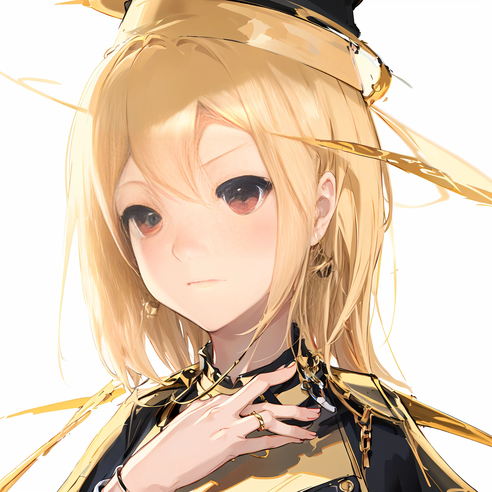 Short beige hair, red glowing eyes, disdainful expression, gold ring on hand, cool girl, black hat covering front hair, color balance, red background,