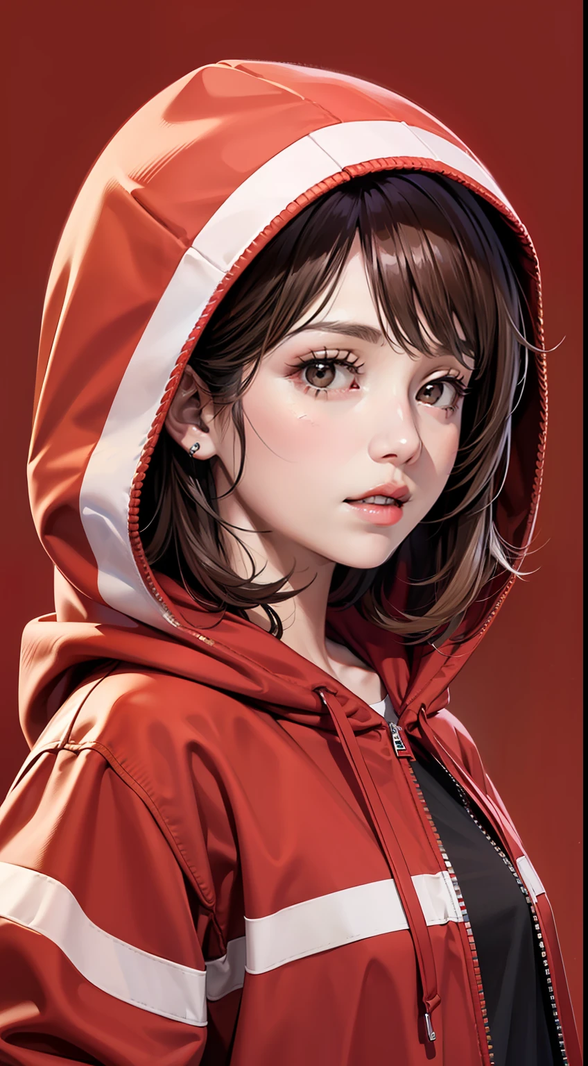 1girl, solo, hood, brown hair, brown eyes, parted lips, hood up, long sleeves, jacket, simple background, upper body, realistic, red background, looking at viewer, teeth, red jacket, lips, cosplay, hoodie, masterpiece, best quality,