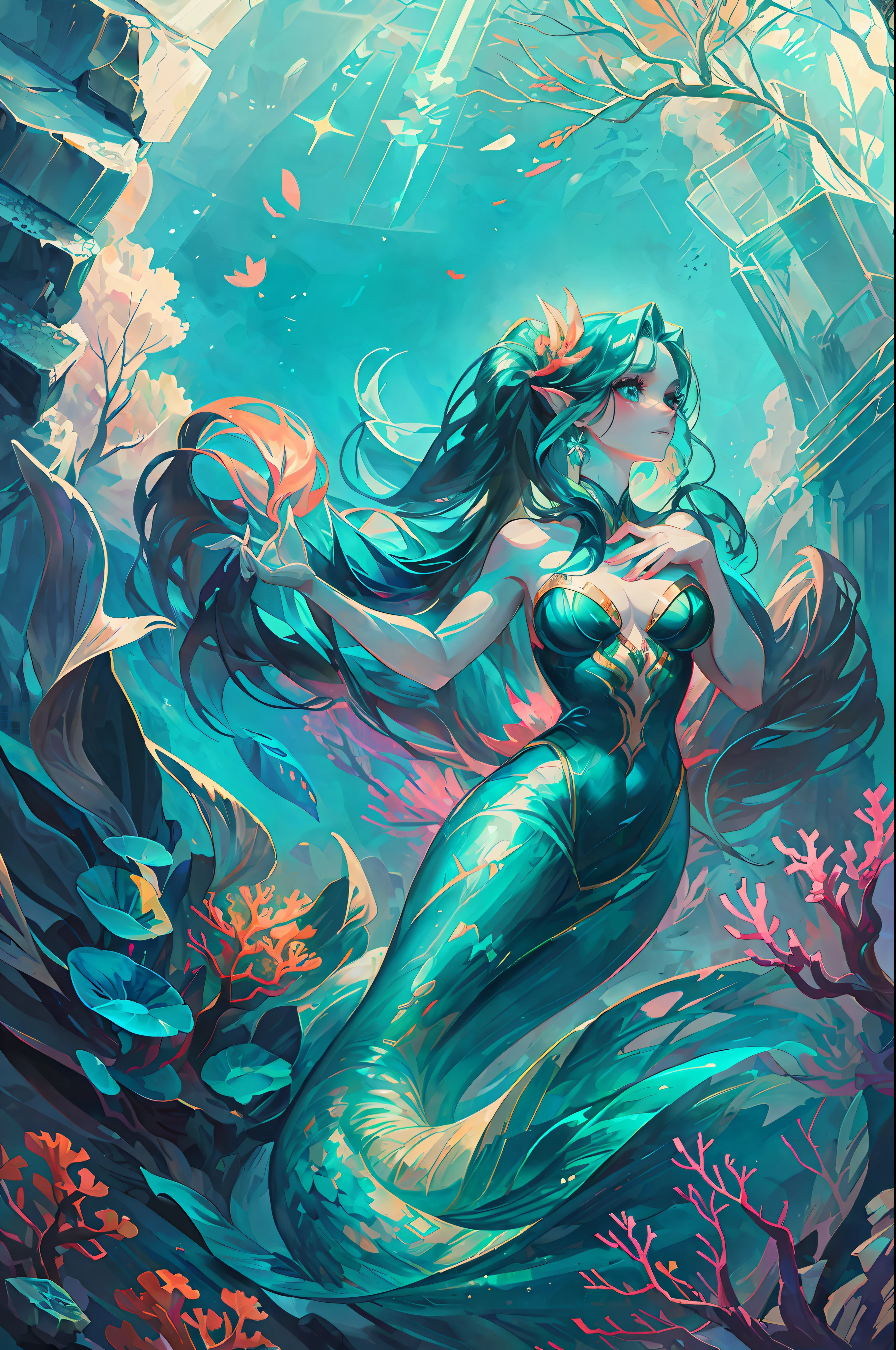 In the deep water of a coral reef, there is a mermaid that looks like a beautiful woman, the body color is more like emerald, the structure is a half mermaid, she looks at me from above, and I look at her from below, I hold a pearl in my hand --v 6