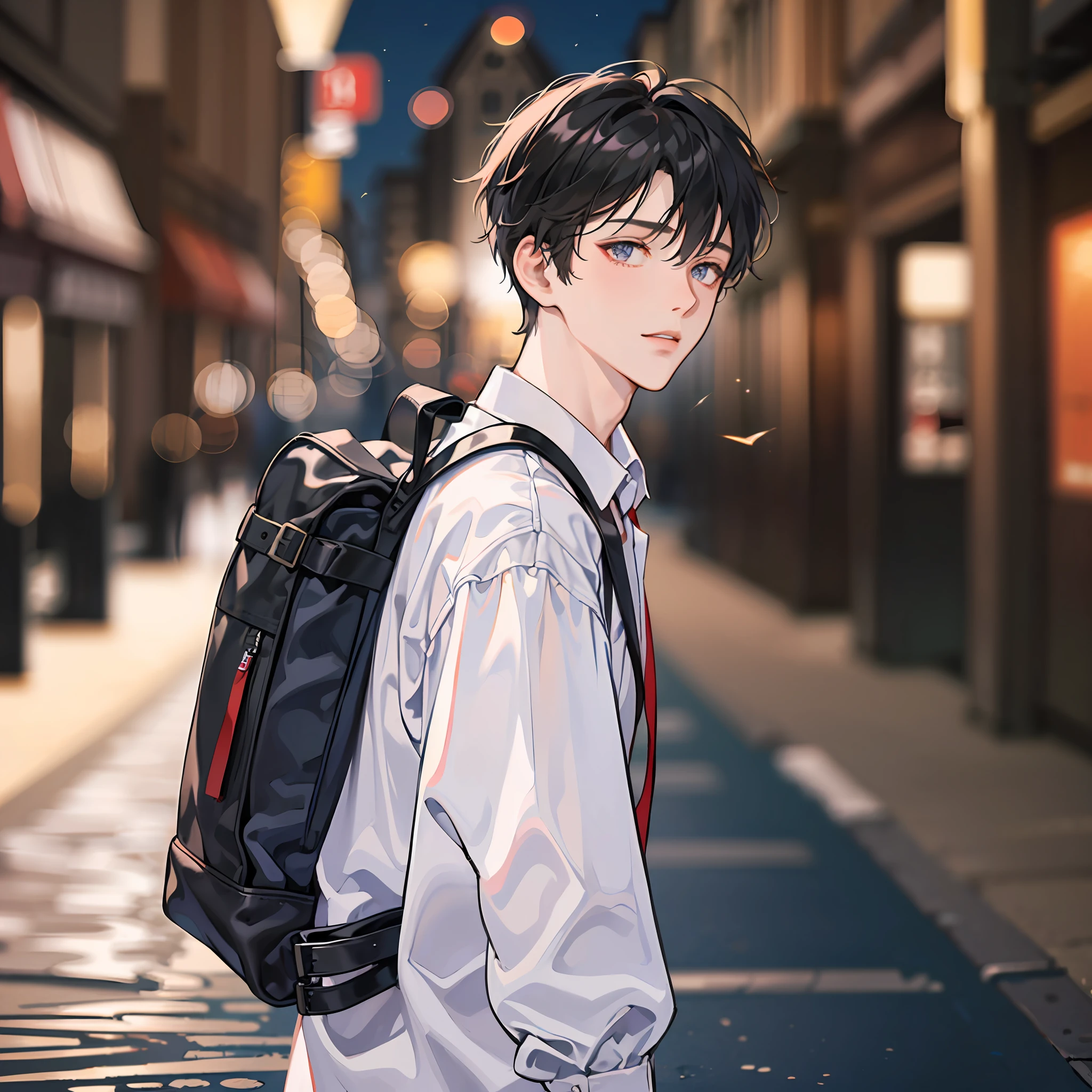 (Handsome male: 1.4), white shirt, short black hair, delicate face, fair skin, backpack, ((on the street at night: 1.4)), night, deserted, nobody, 8k HD pictures, high-quality images at masterpiece level,