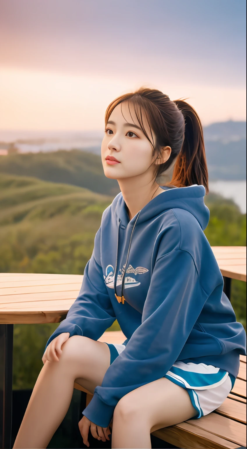 (8k, RAW photo, best quality, masterpiece), (realistic, photo-realistic:1.2), ultra detailed, 1 girl, cute, solo, beautiful detailed sky, detailed cafe, night, sitting, dating, dose blush, closed mouth, Beautiful and delicate eyes, wearing hoodies, dolphin shorts, medium build, flowing hair, long blue hair, GIRL, FEMININE, pink eyes, ultra-fine details, complex scenes, ambient light, soft light, elegant, symmetrical facial features, accurate anatomy, anatomically correct girl, landscape, gossamer, ethereal, full body, ponytail, gentle, gentle, sensible, big breasts,