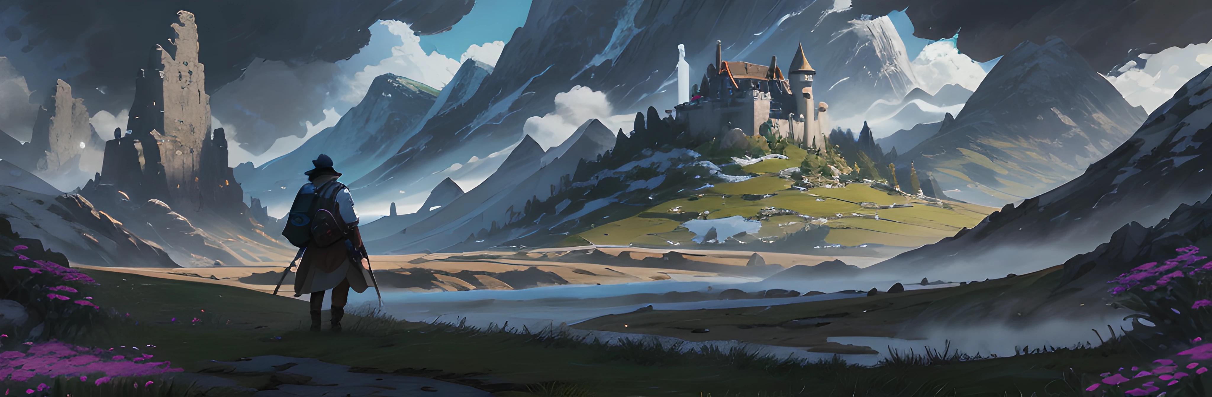 Anime scene of a man standing in a field with castle as background, hyper-detailed, highly realistic, Silvain Sarrailh, high fantasy landscape, ruined landscape, 4k highly detailed digital art, anime landscape, impressive fantasy landscape, fantasy art landscape, Andreas Rocha style, concept art. Epic landscapes, most epic landscapes, epic landscapes, fantasy landscape painting, anime landscape concept art