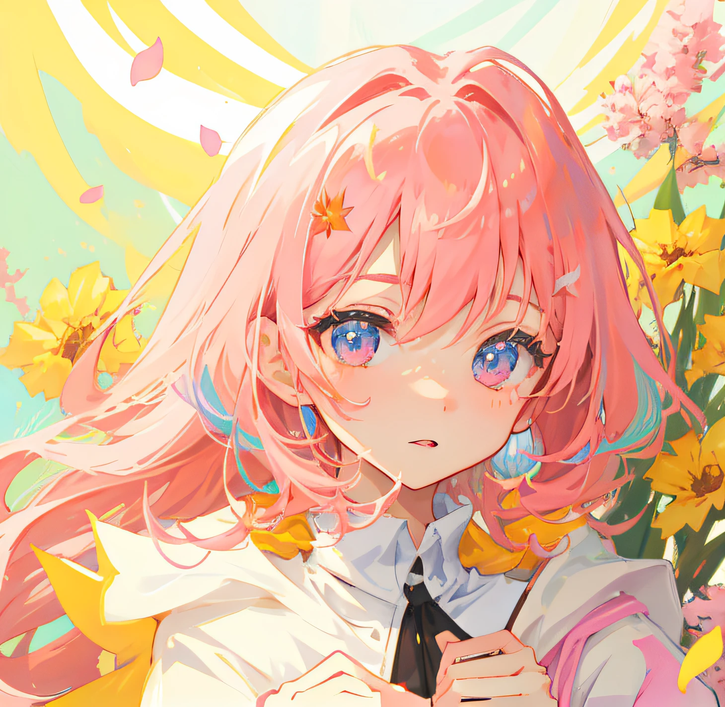 anime girl with pink hair holding a cookie in front of flowers, 🍁 cute, anime visual of a cute girl, seasons!! : 🌸 ☀ 🍂 ❄, anime lush john 8k woods, today's featured anime still, 🍂 cute, anime moe artstyle, screenshot from the anime film, 2 0 1 9 anime screenshot, still from tv anime, sakura petals around her --auto
