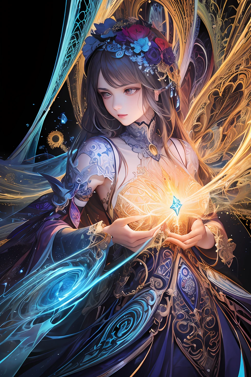 (masterpiece, top quality, best quality, official art, beautiful and aesthetic:1.2), (1girl),light painting, (long exposure:1.2),dynamic streaks,  extreme detailed,(fractal art:1.3),colorful,highest detailed,chiffon dress,jewelry,flower,fairy,upper body