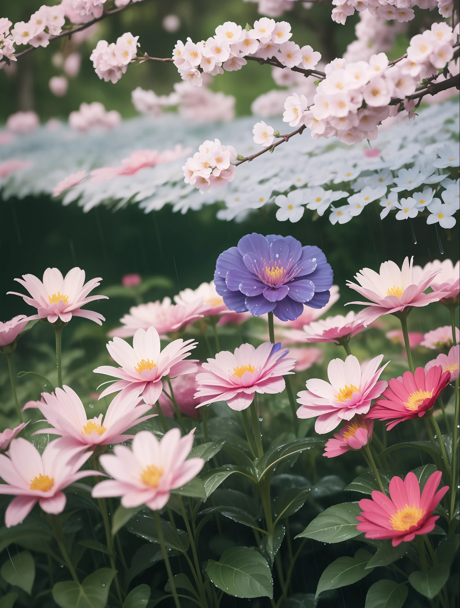 "Vivid and immersive rainy landscapes adorned with vibrant and realistic flowers 🌧🌸 in stunning HD & 4K quality."