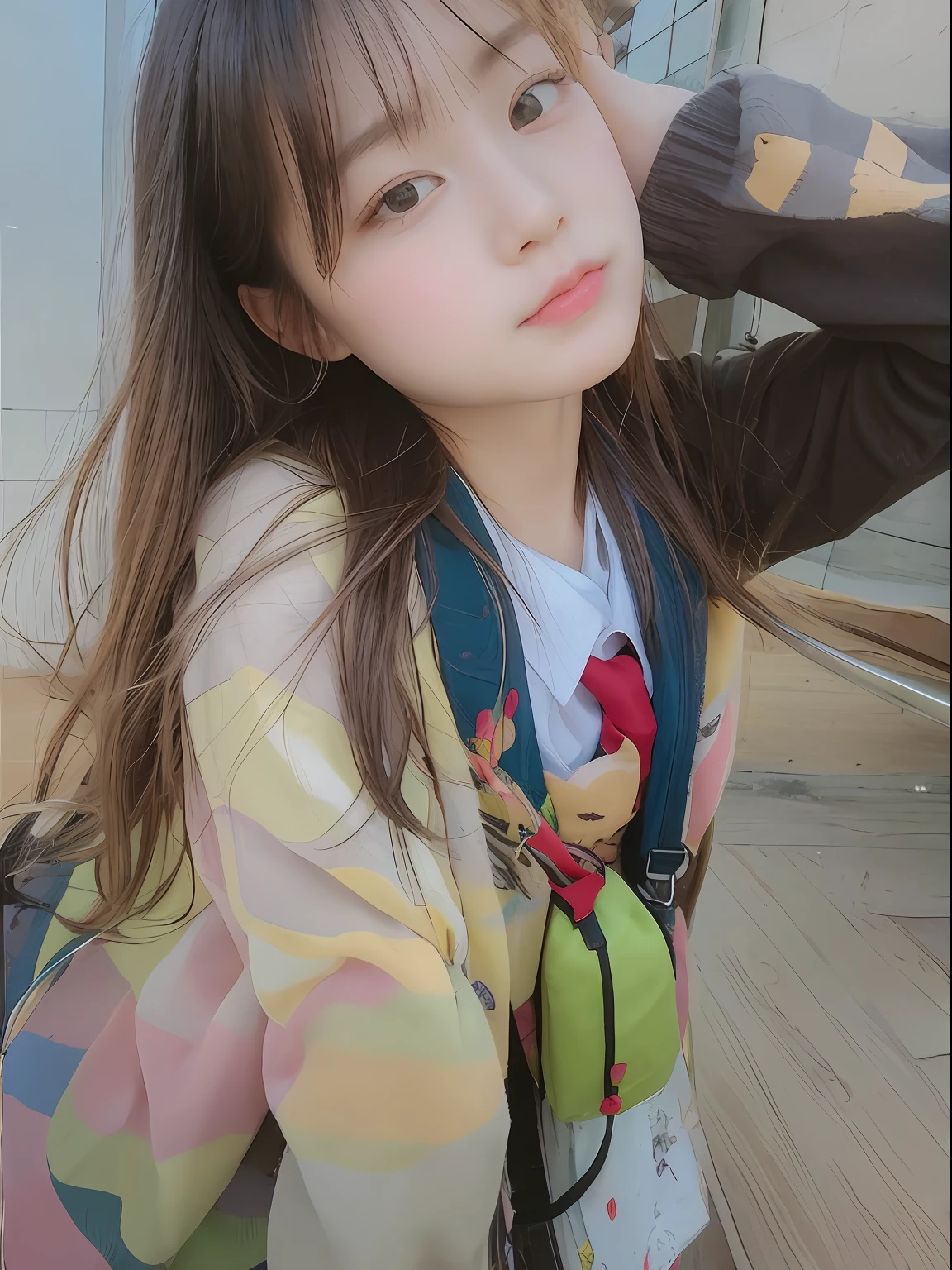 Masterpiece, top quality, portrait of one girl, elementary school girl, wearing school bag