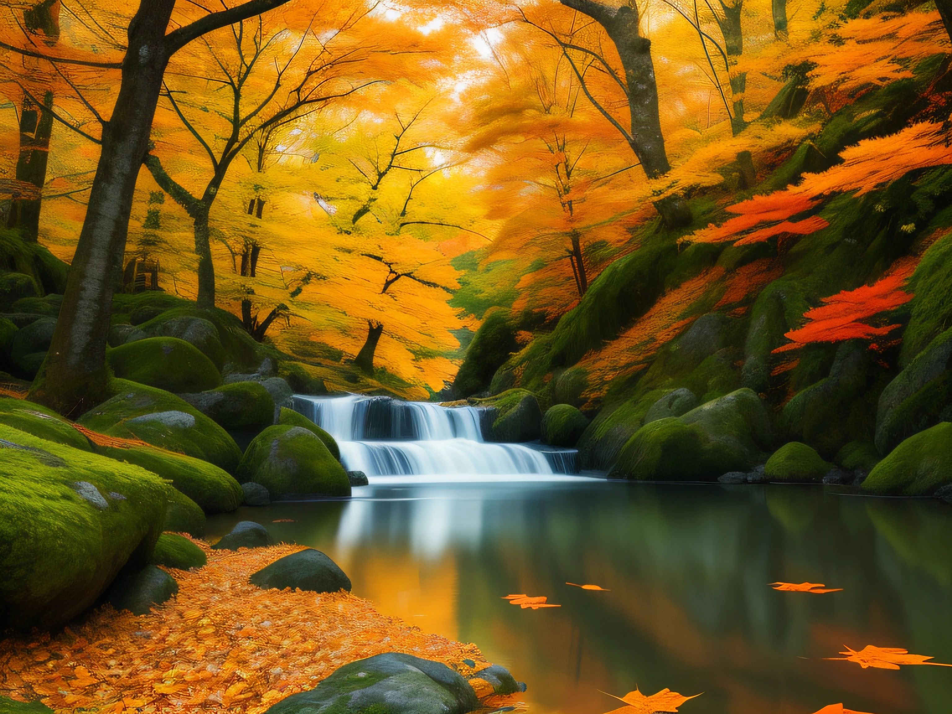 Japan clear stream, forest, water surface, autumn, fine leaves, photorealistic, bright