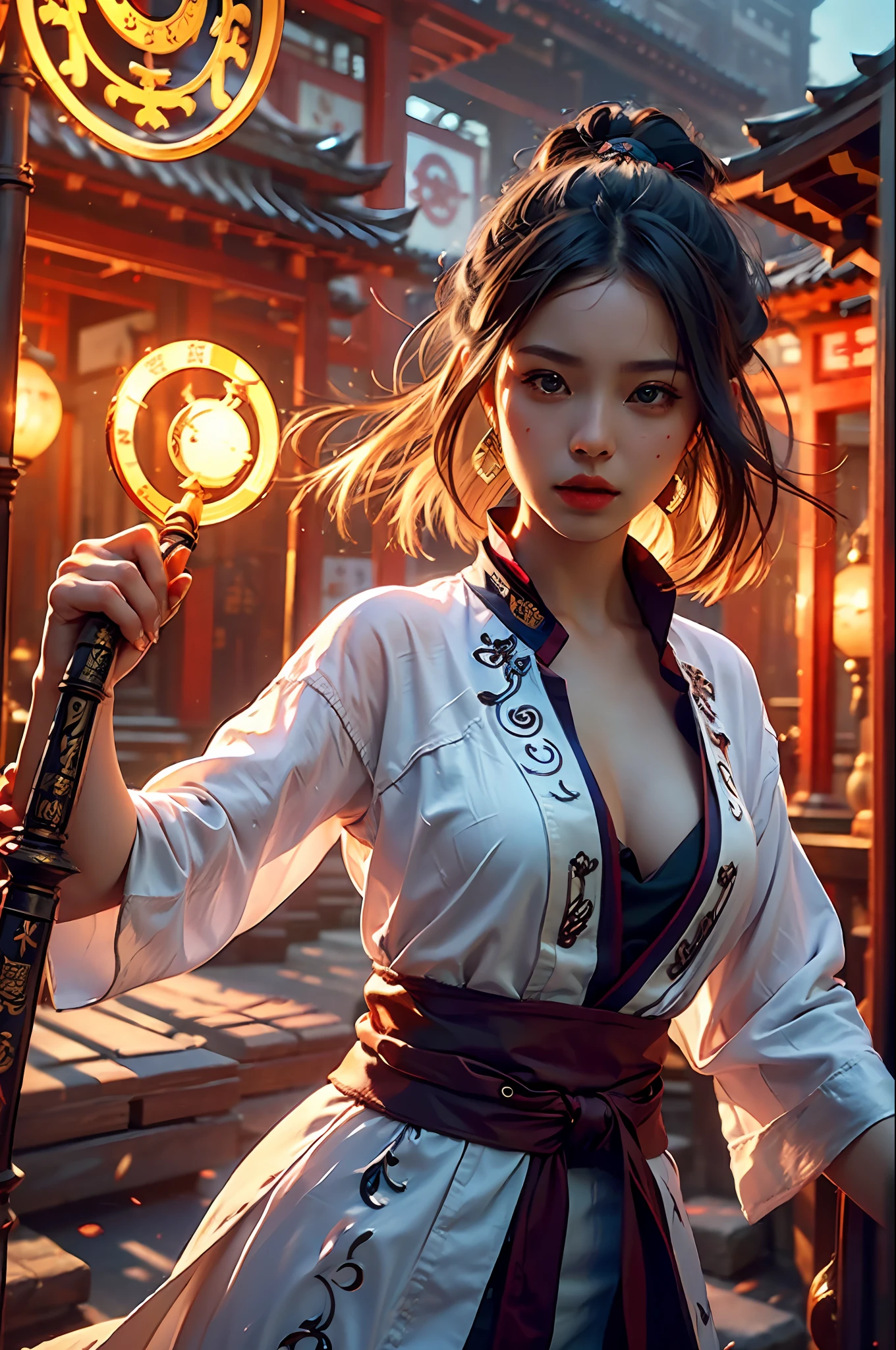 Best quality,masterpiece,ultra high res,(photorealistic:1.4),xiuxian,weapon,Detailed face,
1girl,solo,weapon,cleavage,(magic circle:1.2),xiuxian,upper body,Beautiful girl,full body,east asian architecture,sheath,architecture,