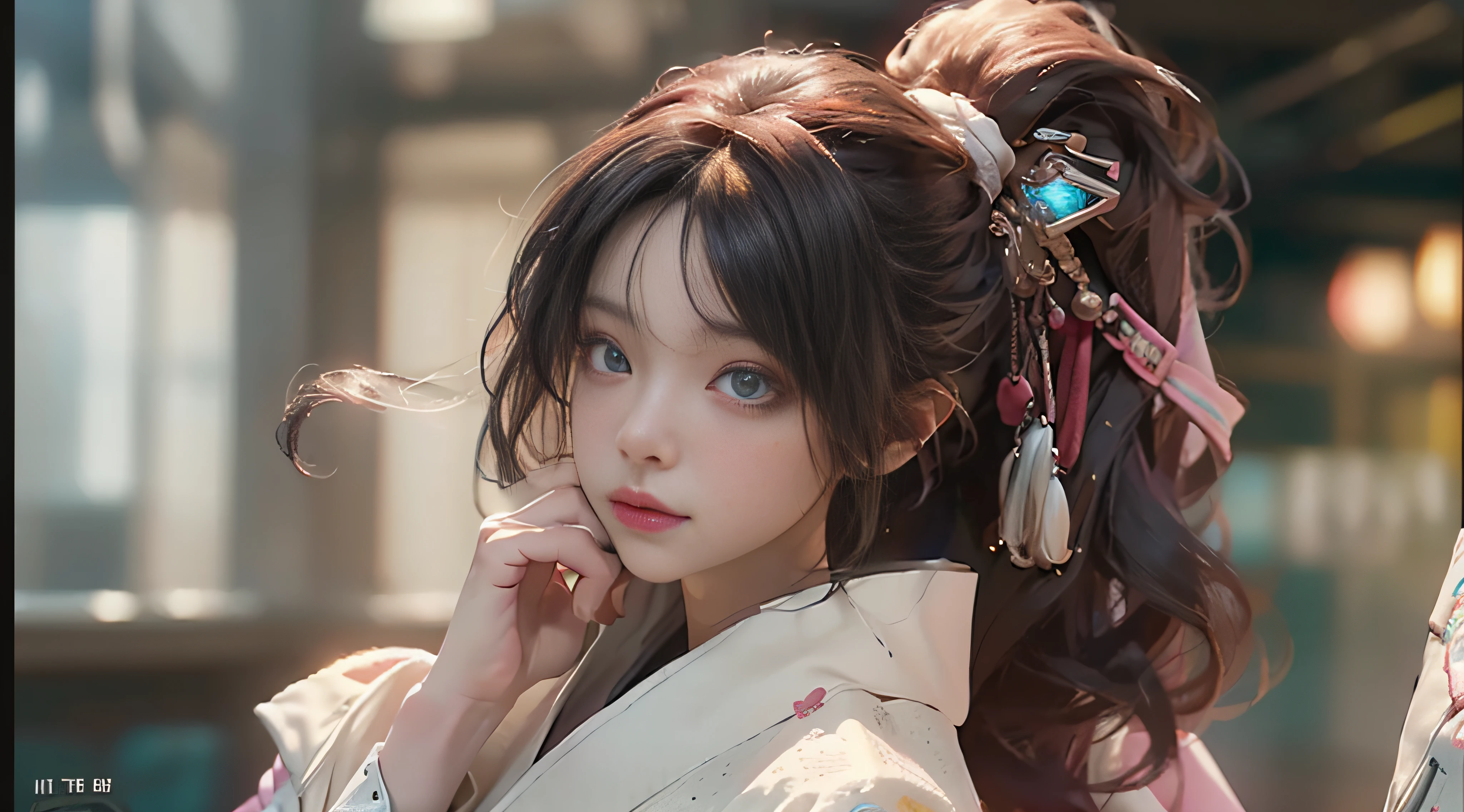 ((Best Quality)), ((Masterpiece)), (Detail: 1.4), 3D, Beautiful Cyberpunk Female Image, HDR (High Dynamic Range), Ray Tracing, NVIDIA RTX, Super Resolution, Unreal 5, Subsurface Scattering, PBR Texture, Post-Processing, Anisotropic Filtering, Depth of Field, Maximum Sharpness and Sharpness, Multi-layer Texture, Albedo and Highlight Mapping, Surface Coloring, Mitsu-Accurate Simulation of Material Interactions, Perfect Proportions, Octane Rendering, Two-color Light, Large Aperture, Low ISO, white balance, regular three-point, 8K RAW, beautiful bright pupils, flowing robe, fine pupils, delicate face and eyes, long eyelashes, blush, fluffy hair, pink lips