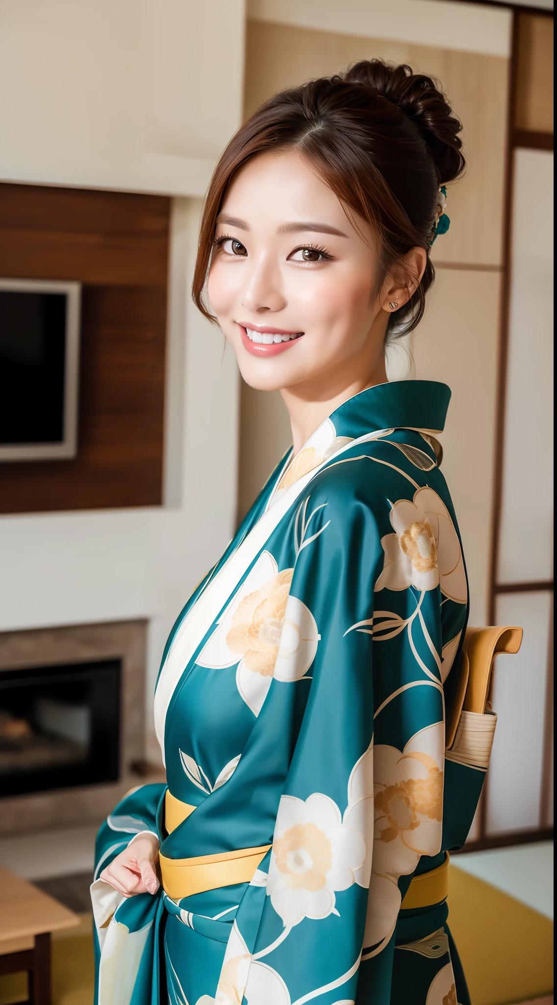 Living room, (((top quality, 8k, masterpiece: 1.3)), crisp focus: 1.2, beautiful woman with perfect figure: 1.4, (kimono), highly detailed face and skin texture, detailed eyes, (lips), smile,