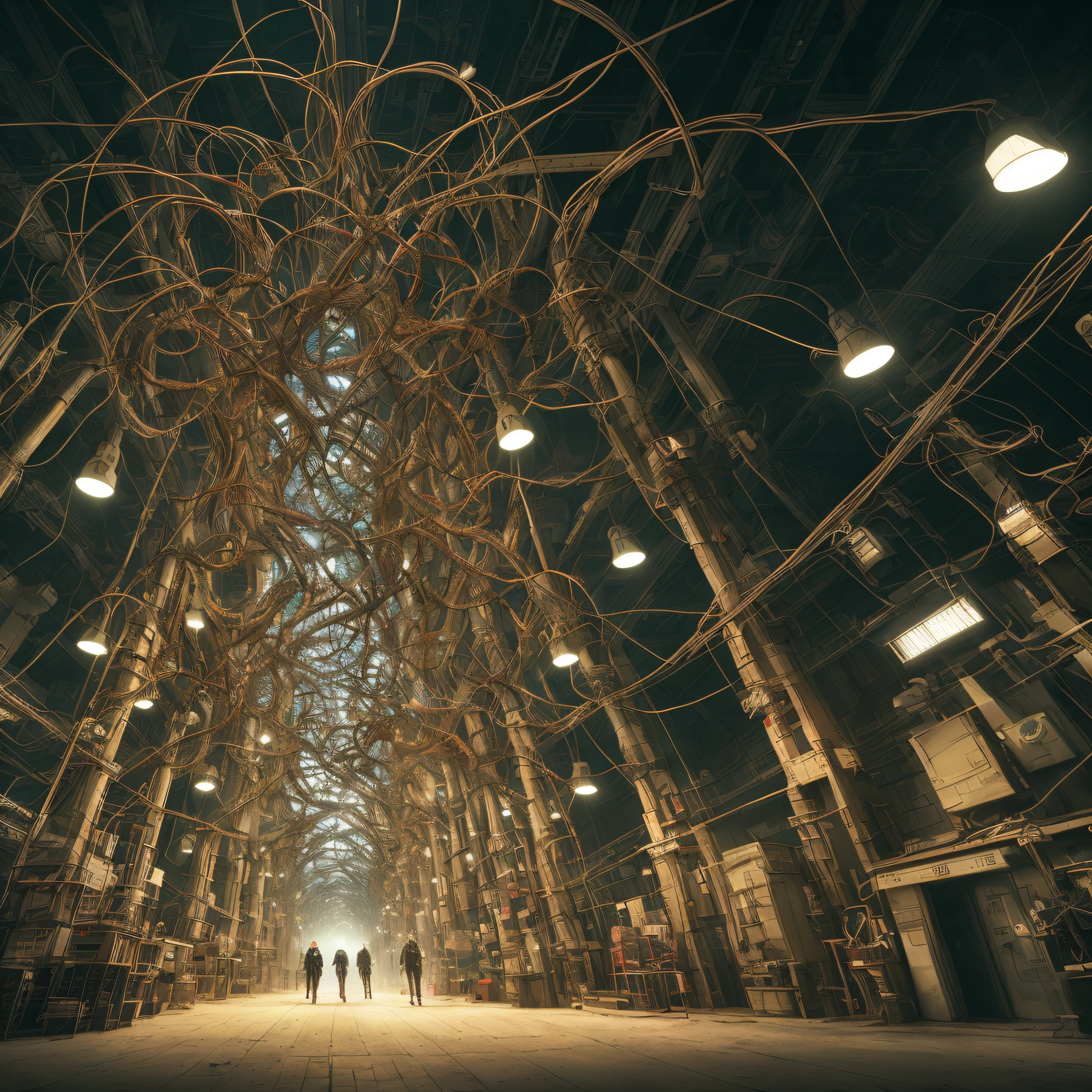 Network of fractals and 3D wires and intricate of cables arching behind the environment that mixes technology and roots that cross robots and technological pieces complex and dark, dark fantasy, dark atmosphere, atmospheric lighting, cinematic lighting, best angle, ultra detailed, intricate, texturing of multiple modular layers of metal and ceramic overlays, sci fi, epic, suspense,  cinematic, hyper detailed, hyper realistic, 8k