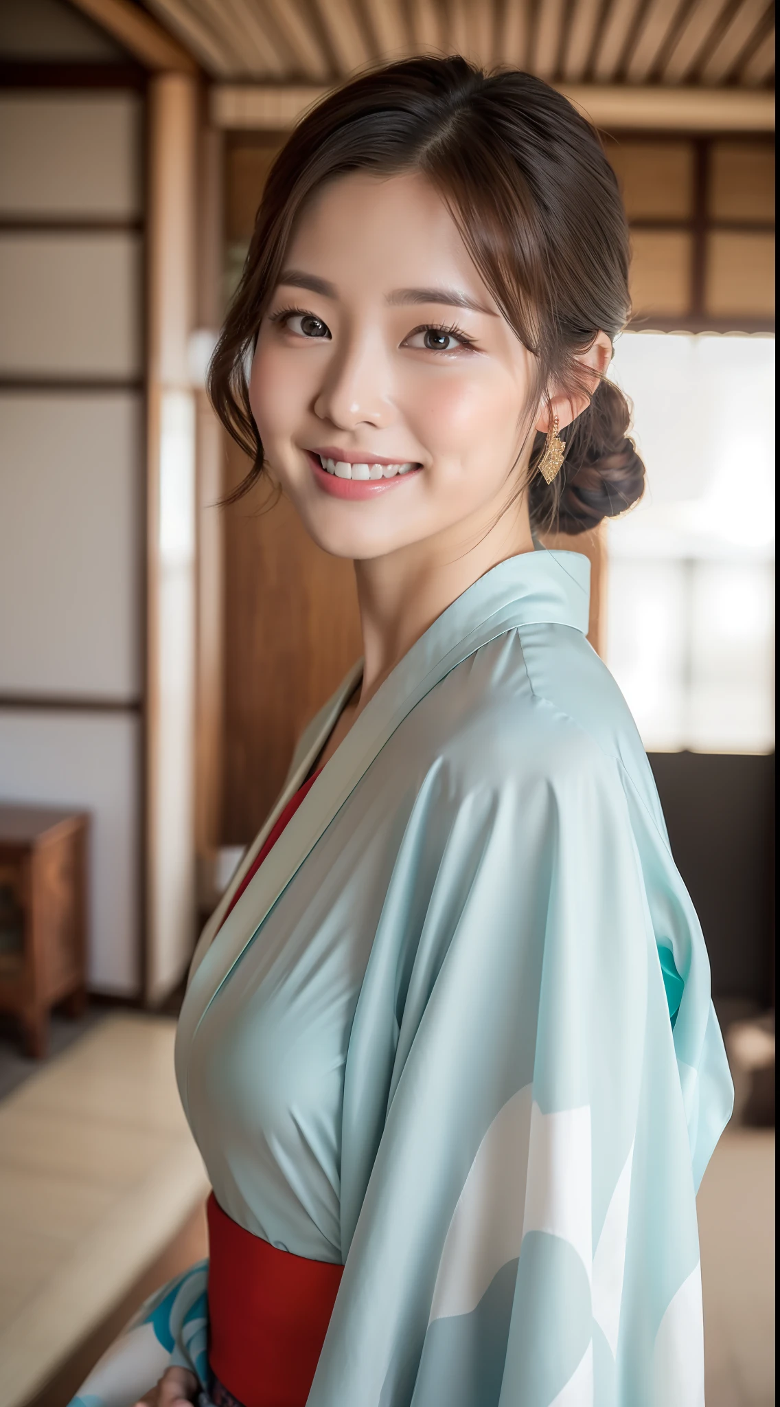 Living room, (((top quality, 8k, masterpiece: 1.3)), crisp focus: 1.2, beautiful woman with perfect figure: 1.4, (kimono), highly detailed face and skin texture, detailed eyes, (lips), smile,