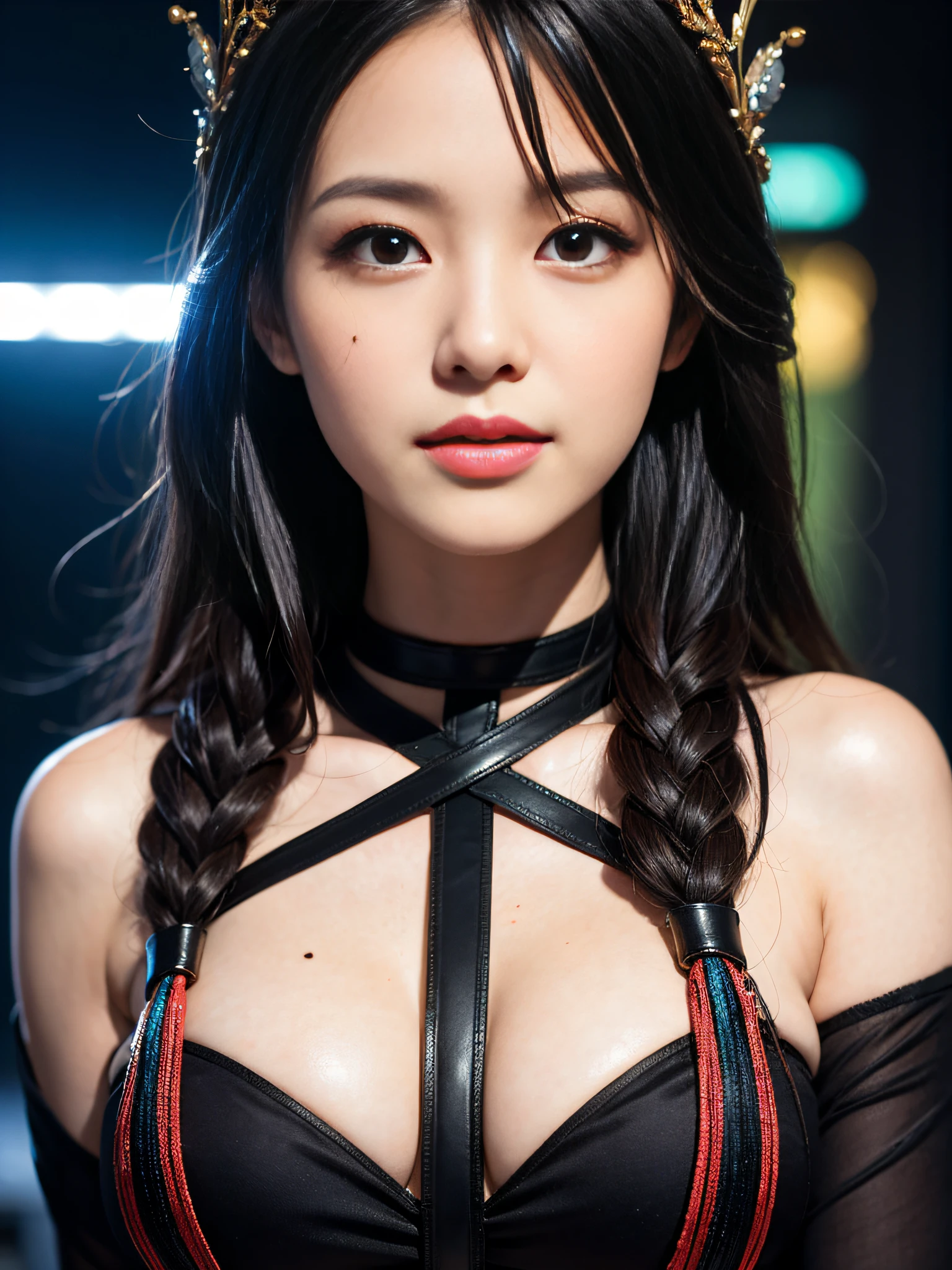 girl, Long hair, Black silk, Sexy, Lovely, Blush, Perfect facial features, multicolored hair, streaked hair, braid, hair strand, shiny hair, crown, rimless eyewear, heart hair ornament, mole under eye, longeyelashes, color contact lenses, smile, parted lips, Realism, Futurism, Art Deco, Expressionism, Contemporary art, chromatic aberration, cinematic lighting, ray tracing, bloom, anaglyph, optical illusion, from below, Sony FE GM, retina, 1080P, UHD, ccurate, textured skin, super detail, award winning, best quality, high details, high quality --chaos 100 --stylize 1000 --style ,