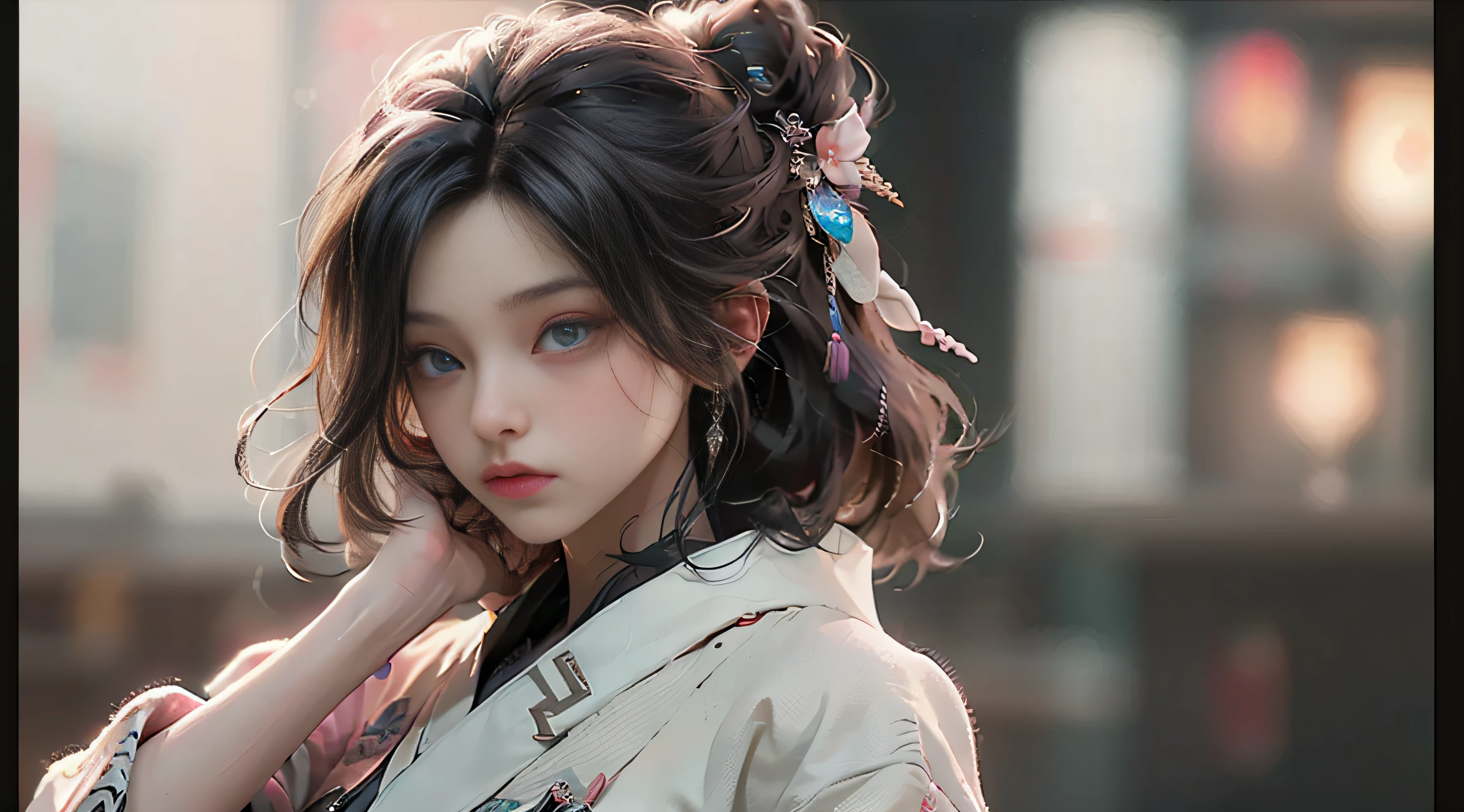 ((Best Quality)), ((Masterpiece)), (Detail: 1.4), 3D, Beautiful Cyberpunk Female Image, HDR (High Dynamic Range), Ray Tracing, NVIDIA RTX, Super Resolution, Unreal 5, Subsurface Scattering, PBR Texture, Post-Processing, Anisotropic Filtering, Depth of Field, Maximum Sharpness and Sharpness, Multi-layer Texture, Albedo and Highlight Mapping, Surface Coloring, Mitsu-Accurate Simulation of Material Interactions, Perfect Proportions, Octane Rendering, Two-color Light, Large Aperture, Low ISO, white balance, regular three-point, 8K RAW, beautiful bright pupils, flowing robe, fine pupils, delicate face and eyes, long eyelashes, blush, fluffy hair, pink lips