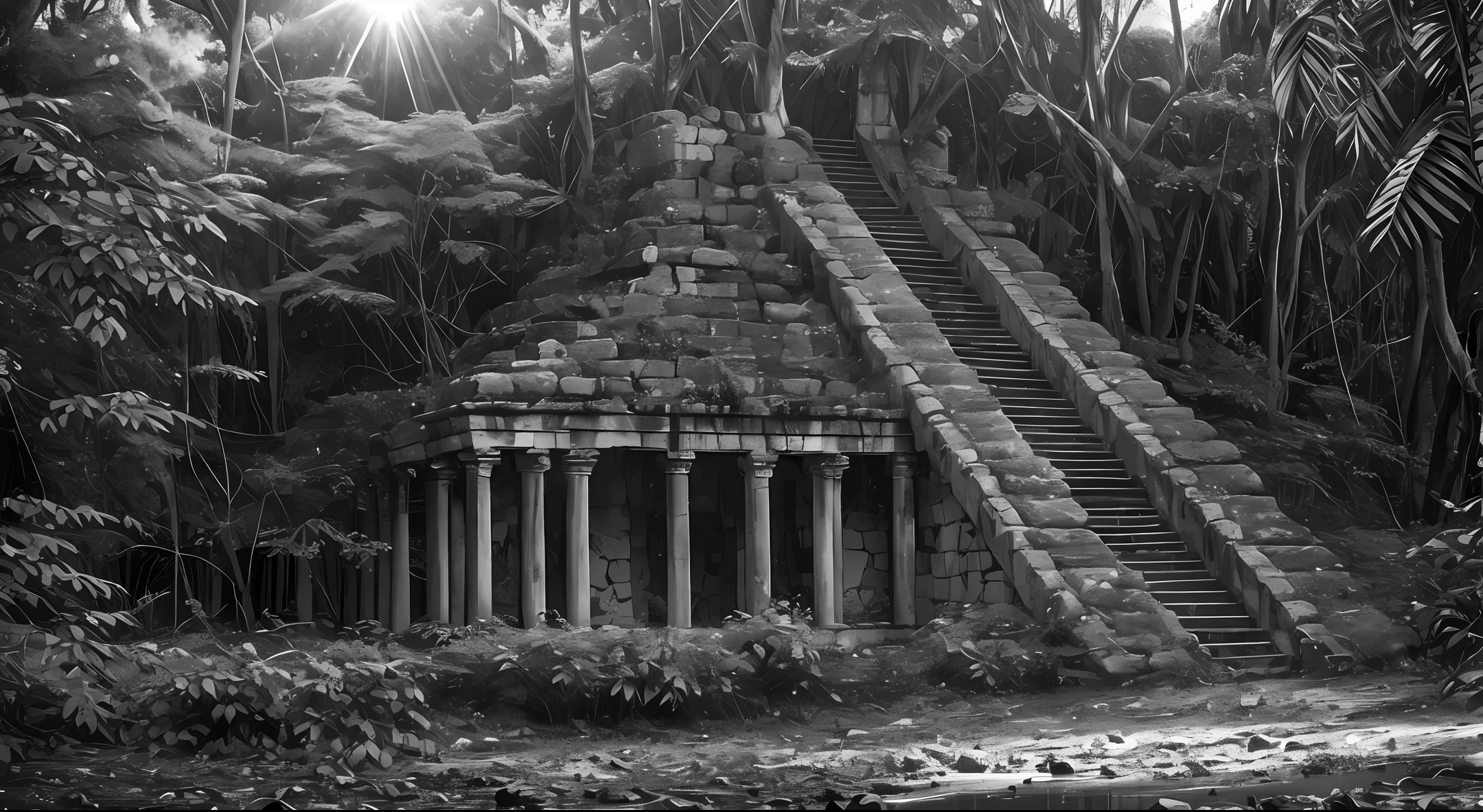 An amazing historical photograph of Tikal in the style of Peter Lik. The photo captures the ancient ruins in the heart of the jungle, surrounded by lush vegetation. The lighting is dramatic, with the sun setting behind the ruins, casting long shadows across the ground. The photo is in black and white, adding to the historical feel. —c 10 —ar 2:3 --auto --s2