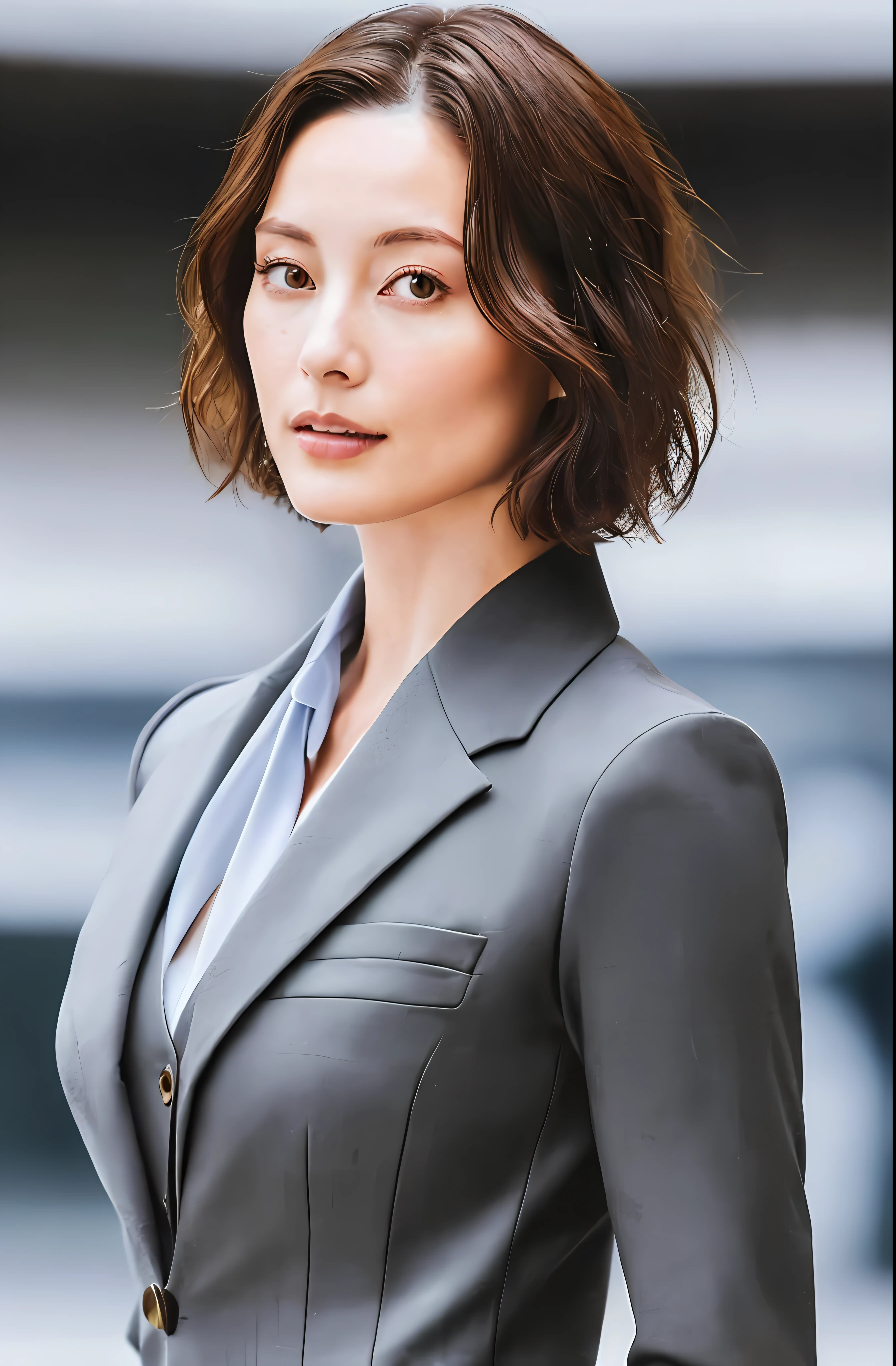 (create a ceo woman wearing a chic and elegant outfit), (Brunette, with the symmetrical face of model), short hair to the shoulders and curly dark brown, stylish and elegant, shaved and strong body adjusted in the suit, show body,, (high quality and realistic image), in the background of the image city of london, cinematic style, ((Best quality, 8k, Masterpiece).