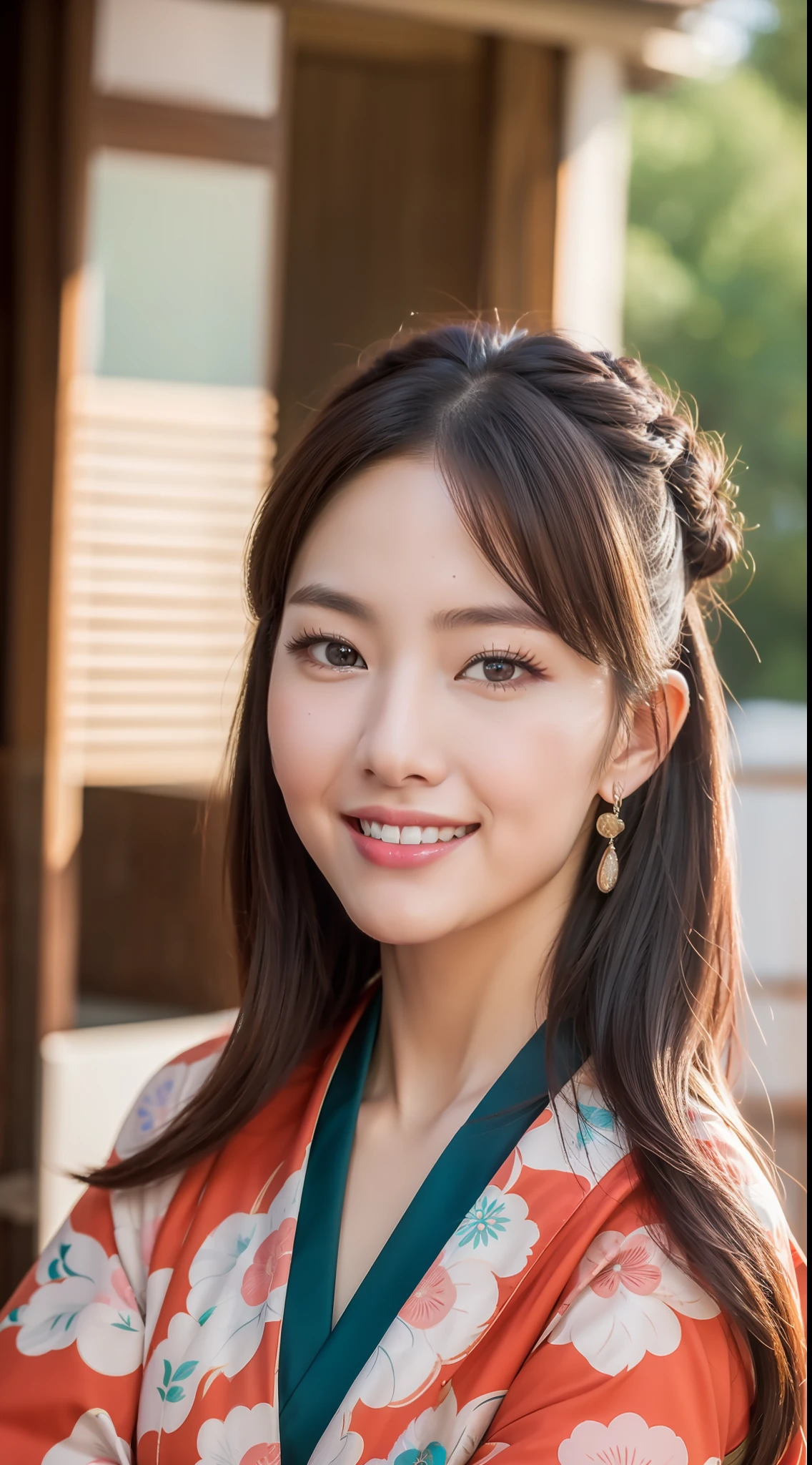 ((Top Quality, 8k, Masterpiece: 1.3)), Sharp Focus: 1.2, Beautiful Woman with Perfect Figure: 1.4, (Kimono), Highly Detailed Face and Skin Texture, Detailed Eyes, (Lips), Smile, Track