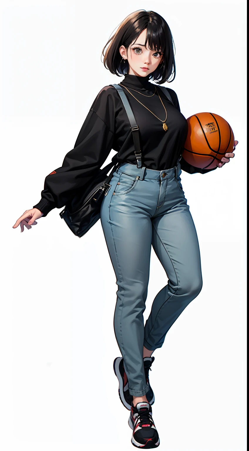 [(white background:1.5)::5],[(outdoors:1.3):5],[(game character portrait:1.5):5],{1 girl},{solo},((((full body)))),{{{playing basketball}}},(((round image))),
solo, suspenders, pants, necklace, grey pants, black shirt, black sweater, jewelry, black hair, long sleeves, turtleneck, shirt, short hair, sweater, sport shoes,
(huge chicken behind the girl)