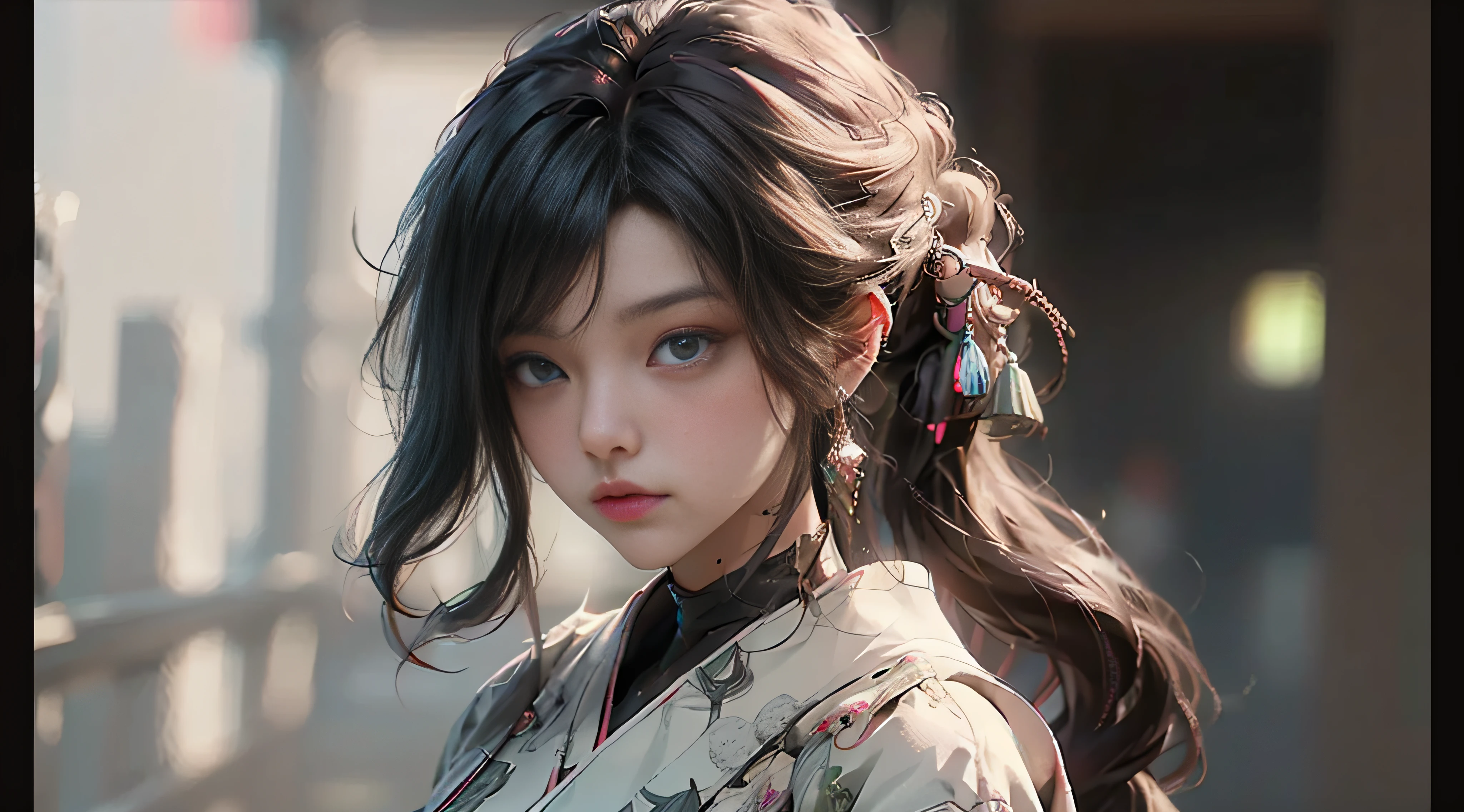 ((Best Quality)), ((Masterpiece)), (Detail: 1.4), 3D, Beautiful Cyberpunk Female Image, HDR (High Dynamic Range), Ray Tracing, NVIDIA RTX, Super Resolution, Unreal 5, Subsurface Scattering, PBR Texture, Post-Processing, Anisotropic Filtering, Depth of Field, Maximum Sharpness and Sharpness, Multi-layer Texture, Albedo and Highlight Mapping, Surface Coloring, Mitsu-Accurate Simulation of Material Interactions, Perfect Proportions, Octane Rendering, Two-color Light, Large Aperture, Low ISO, white balance, regular three-point, 8K RAW, beautiful bright pupils, flowing robe, fine pupils, delicate face and eyes, long eyelashes, blush, fluffy hair, pink lips