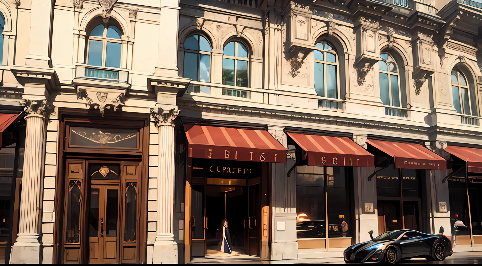 Obra-prima, luxury restaurant doorway, façade, signboard, a woman, long white hair, sports car Best quality, Ultra HD, ccurate, high detail, high resolution